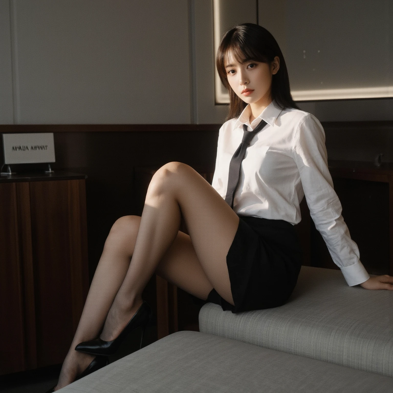 upper-class elite secretary in slightly open formal blouse, Working in the office、Wearing a long miniskirt, naked legs、Wear black high-end open heels Girl in a shirt, Wearing a dark green long miniskirt , short curly bob hair, Wearing a business white blouse, in a thight long miniskirt, businesswoman, crossed legs , Wear a shirt and skirt, Woman in business suit, business outfit, Raw photo, (8K、top-quality、masterpiece:1.4)、(intricate detailes:1.4)、(Photorealsitic:1.4)、octane renderings、Complex 3D rendering ultra detail, Studio Soft Light, Rim Lights, vibrant detail, super detailing, realistic skin textures, Detail Face, Beautiful detail eyes, Very detailed CG Unity 16k wallpaper, make - up, (detailedbackground:1.4), tightly crossed right legs!!!, full body view sitting on a chair, full display legs feet!, display feet’s open high heels, crossed legs, view from feet to face full view