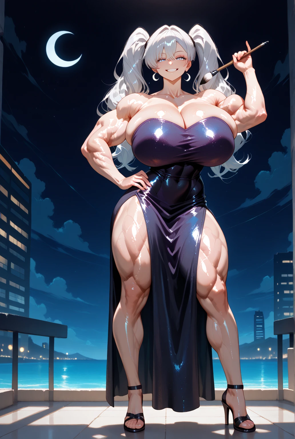 4k highly detailed realistic ((full body including legs)) photo of beautiful sweaty 18-year-old Anglo-Saxon girl with ((sharp jaw)) and large perky breasts, in wet clothes standing by the bedroom window in a tall building with white walls in a wet sports bra with a deep neckline, silver hair, blue colored eyes