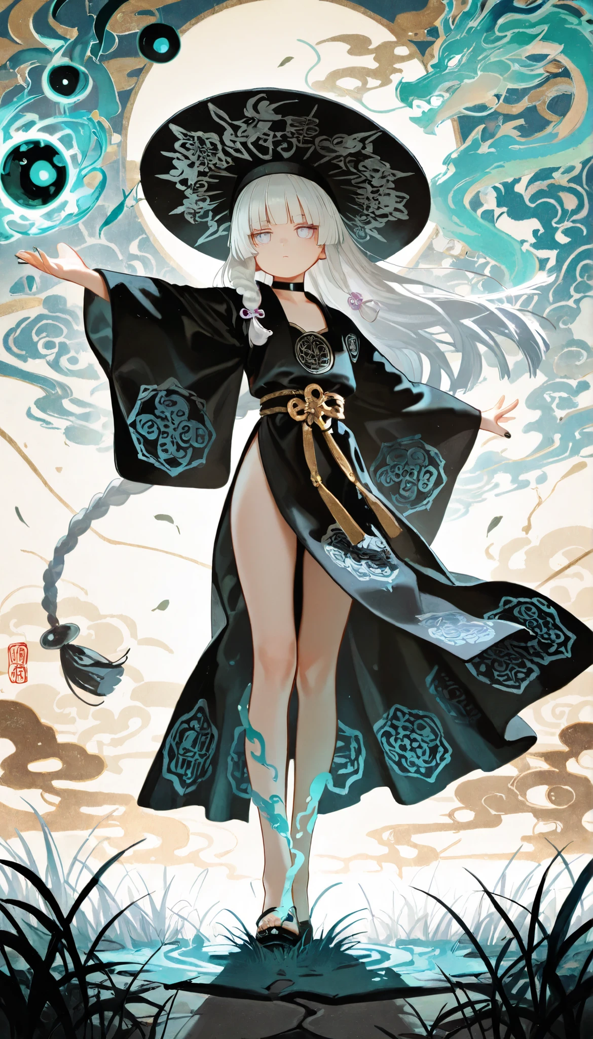 1girl, light lavender eyes, jitome, white Hair, blunt bangs, hime cut, small chest, big hat, black clothes, high waist, long Side slit skirt, Choker, bare legs, foot, black nails, flower pattern, masterpiece, best quality, Perfect details, perfect composition, Perfect face, Perfect hand, absurdres, newest, very aesthetic, amazing quality, highres, film grain, Focus on the character, Cinematic, dramatic, Magnificent, cute expression, doremi, hwansang, mx2j, floating mechanic, silver and Jade decoration, killer, noir theme, wind, Substantiated wind effects are wrapped around, Avalokiteśvara, Buddhist motif, holy, Eight Trigrams, Bagua, liquid ink dragon floats around, Long braided knot decoration, black lotus, Flowing liquid golden ink, golden energy, oriental martial arts, taoist, grand master, black birds, shadow fog raven, Fu Talisman, Taoist charm, black fog summon, white background, oriental ink painting, ukiyo-e, light effect, Liberation, transcendence, splash art, powerful, Plant ability, flower, leaf, vine, Energy sphere, green, grass, white and blue theme, ice and fire, Yin and Yang