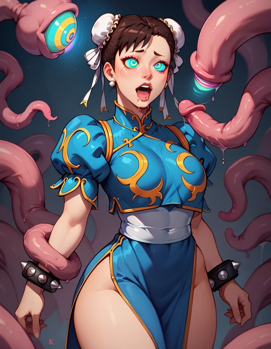 (facehugger), (monster),master piece, best quality, best detailed, NFSW, chun-li, sf2 chun, hair buns, covered buns, chinese dress, qipao, blue outfit, puffy sleeves, white belt, (torn:1.3), huge saggy breast, (her arms behind back), tied arms, shibari, bondage,weakness, restraint tentacle, sticky liquid on body,