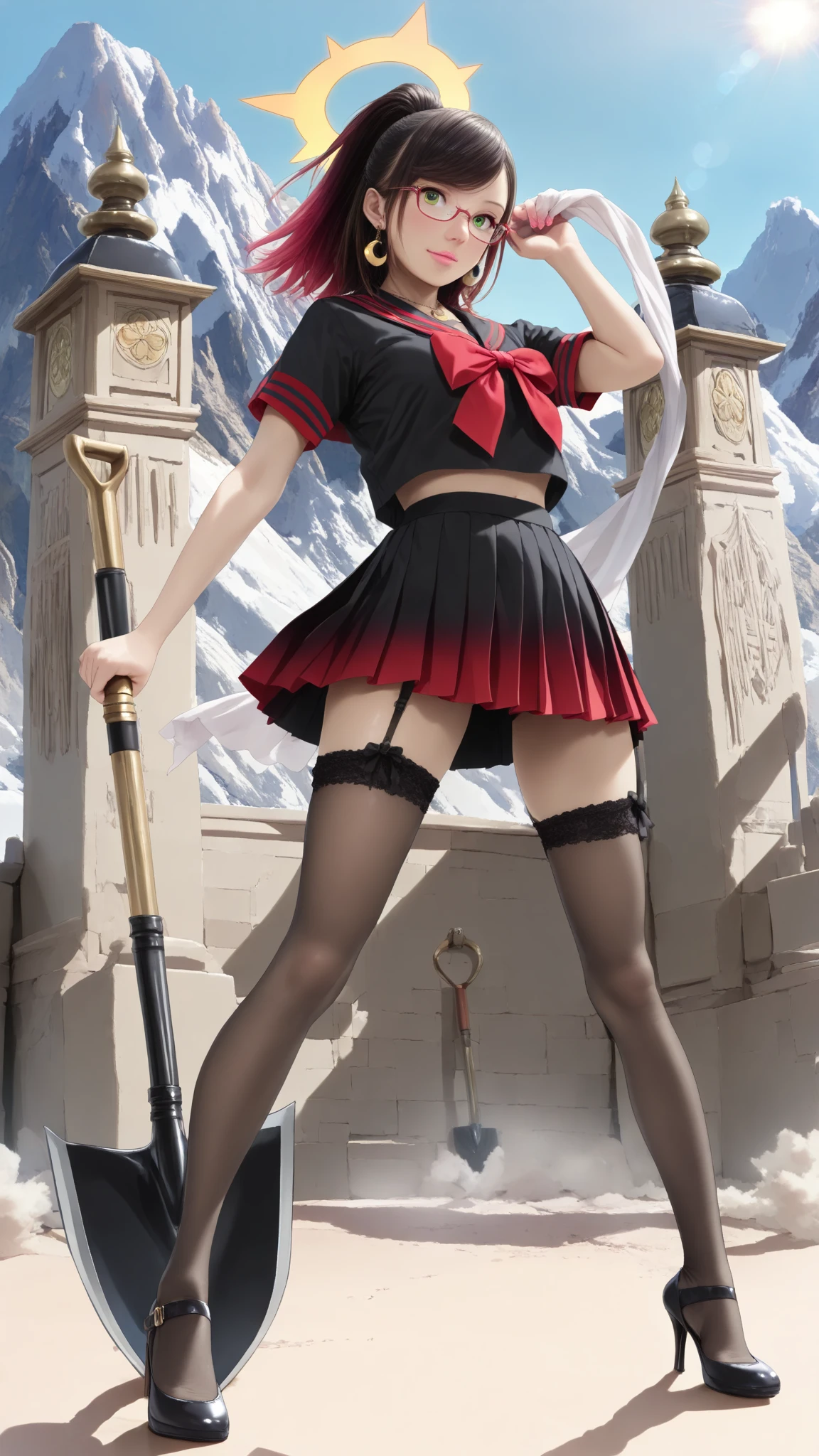 (((Redraws the original image without any unspecified changes)))、(Changed the black pants to a miniskirt with a large slit:1.5)、(The miniskirt is see-through and super low-rise, exposing a little of her buttocks.:1.3)、A pole extending from the floor is stuck in her genitals、(The genitals are completely hidden by the skirt and cannot be seen.:1.7)、(A finely crafted sword is held correctly in the right hand)、Realistic、masterpiece、highest quality、High resolution