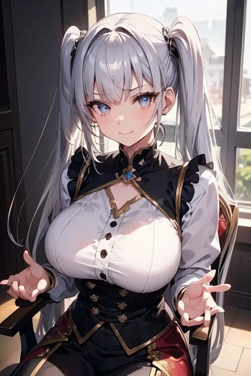 Outdoors, 1 girl, View from above, Upper body, Henri, Long hair, half updo, braid, hair between eye, Animal ears, ear ornament, Horse tail, breasts, frilld, Black Ascot, Green dress, (sleeves past wrists:1.2), black thighhighs, upward looking gaze, Smile