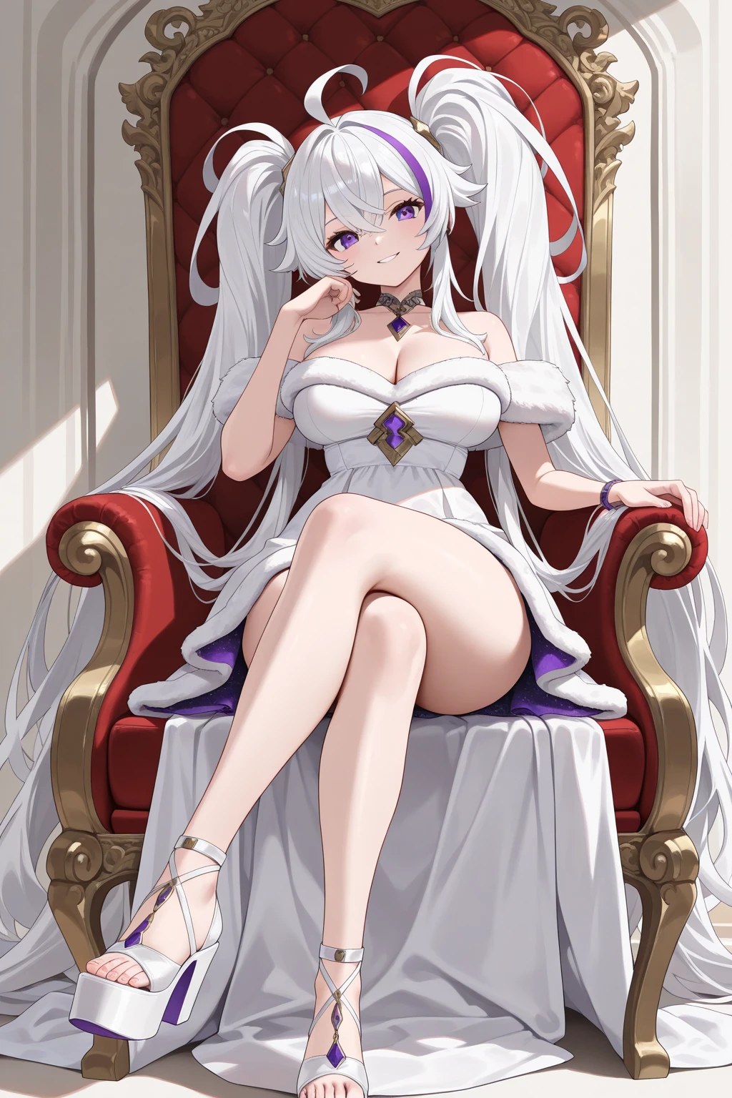 score_9, score_8_up, score_7_up, score_6_up, uncensored, quinella, absurdly long hair, purple eyes, long hair, parted bangs, purple hair, very long hair, hair ornament, horny face, blush face, lips, naughty face, sweating, steaming body,  BREAK (masterpiece:1.2), best quality, high resolution, unity 8k wallpaper, (illustration:0.8), (beautiful detailed eyes:1.6), extremely detailed face, perfect lighting, extremely detailed CG, (perfect hands, perfect anatomy), 1girl, sitting, (spread legs:1.3), solo, jewelry, earrings, throne, dress, full_body, bare_shoulders, looking_at_viewer, crown, breasts, white_dress, simple_background, 
