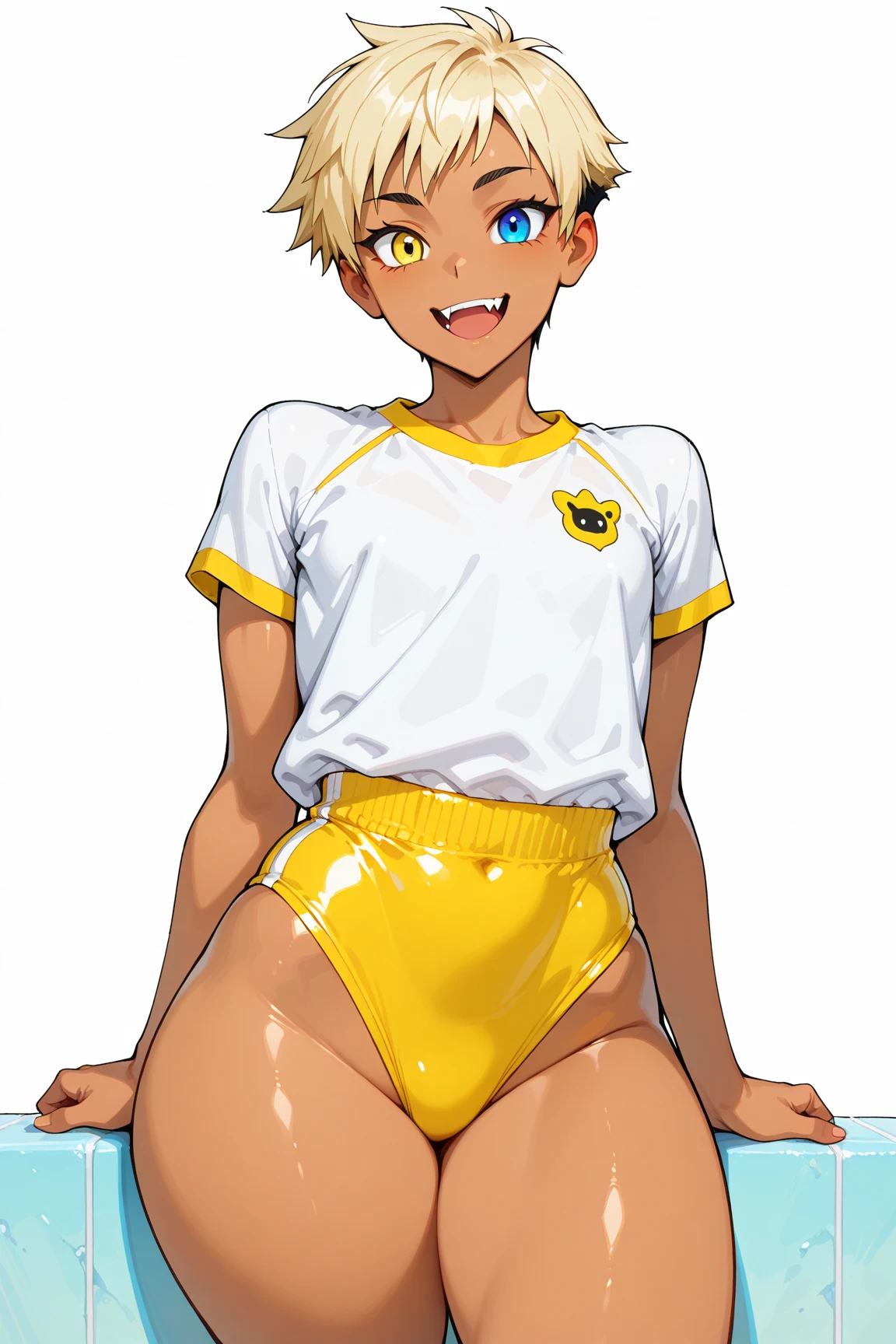 (((official art,Ultra-fine illustration,High resolution, 最high quality,最high quality,)))high quality, become familiar with, (little boy),12 years old, A young ace striker male idol with a super cute face,A boy as beautiful as Planding, long legs, thighs, feet, (There is no swelling in the chest), 、(((Vulgarity))),((blonde short hair))、(golden hair、short hair)、((brown skin:1.5)),(Tight shiny white and green training bodysuit),Ultra-fine painting, ,service shot、bulge in crotch、 (tight and shiny spats), (soccer socks), lawn area, (厚いthighs)、(((fitness gym)))、((Saucy、))、grin and laugh、tongue licking、feetを広げて,