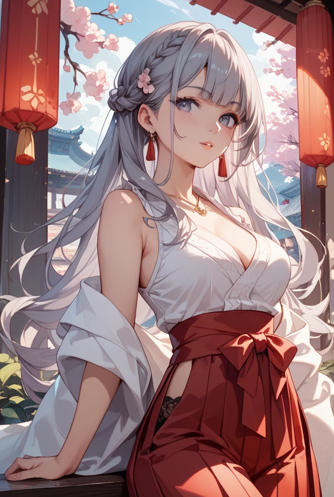 super high quality, masterpiece, Perfect illustration, Very detailed (Exquisite light and shadow, Very dramatic photo,Backlight) , ((Gray Hair:1.5))1 girl, alone, (Wearing Han clothes, Royalty、Black and white Hanfu,Thick fabric,Long sleeve) Flower Field, Flowers, (White smoke:1.3) (Realistic:1.4), Zen Intertwining, Tangled, Official Art, unity 8k wallpaper, Very detailed, Beautiful and beautiful, masterpiece, highest quality, (Dynamic Angle: 1.4), Glowing Skin, (Floating colorful flashes: 1) The most beautiful chaotic shapes, elegant, Brutalist Design, Bright colors, Romantic Depth of Field Exotic_dance, half_naked、((Off the shoulder、medium breasts、Beautiful cleavage、Ruby Necklace))