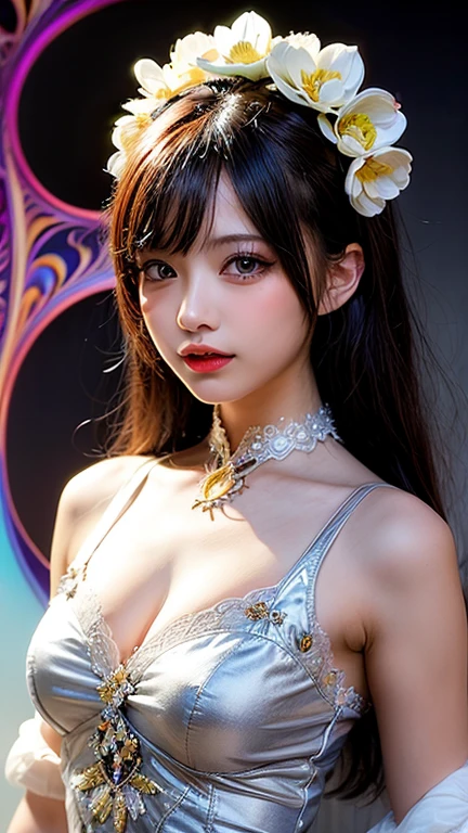 woman body、Saturated colors、Dark colors、psychedelic image、lsd、mandalas、fractral、mystical、Detailed Detailing、Psychedelic painting of a woman with large breasts, サイケデリックなgoddess, DMT Art, DMTgoddess, Visionary artistic style, Psychedelic Art style, 3d, goddess, Portraiture, Psychedelic Art nouveau, Psychic Trance Artwork, Psychedelic Digital Art, Digital Visionary Art, Psychedelic Art, Psychedelic Surreal Art, Psychedelic Artwork, Highly detailed technicolor, Ultra-detailed fantasy art