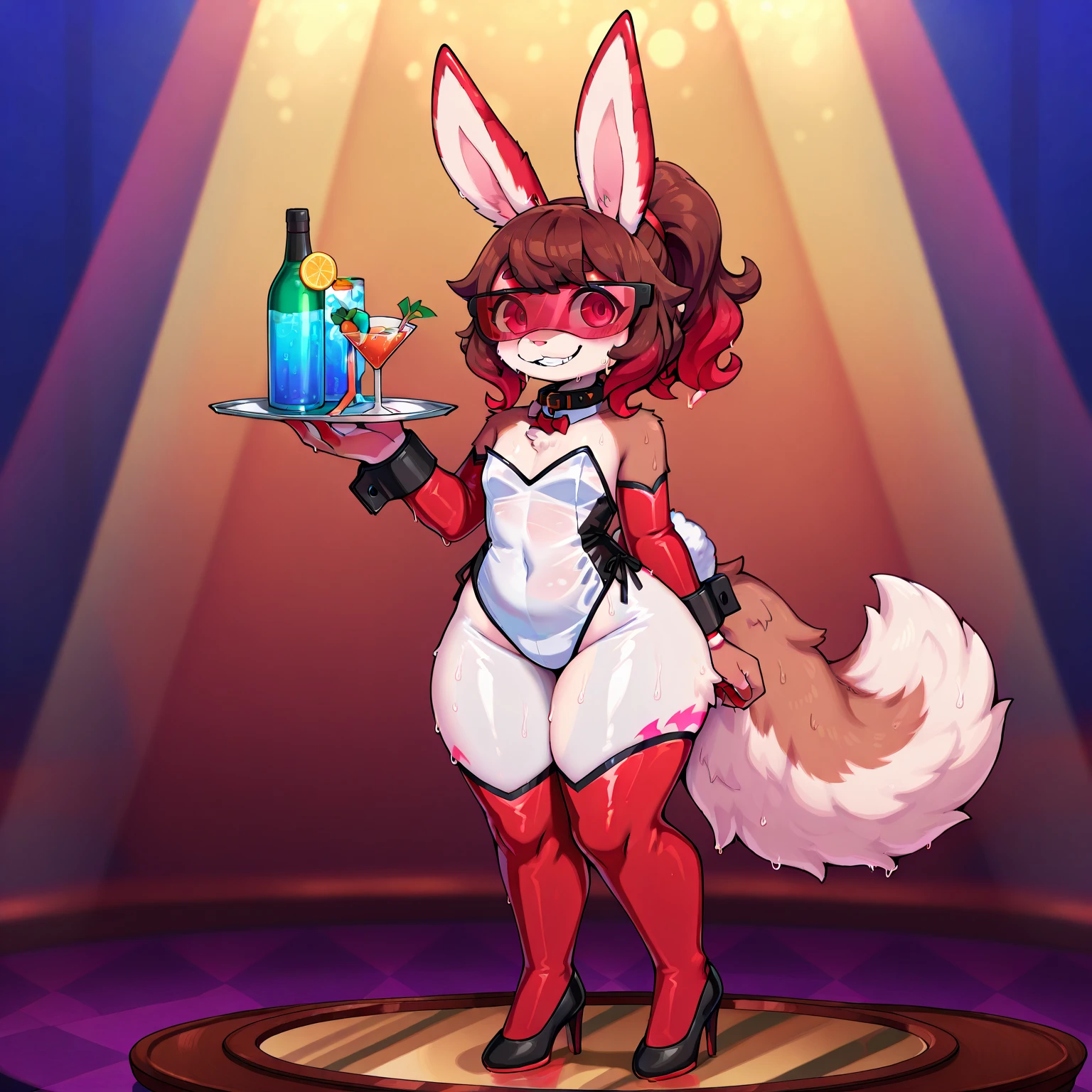 best quality,best resolution,(fluffy anthro furry :1.6),rabbit girl,red long hair,wavy hair,white rabbit ears,white fur,medium breasts,glasses,black ribbon bowtie,thick black one piece swimsuit,shoulderless,fishnet stockings,cocktails stool,full face blush,smile,heart eyes,heart expression eyes,low angle,thick thighs,light and shadow,night club,white light