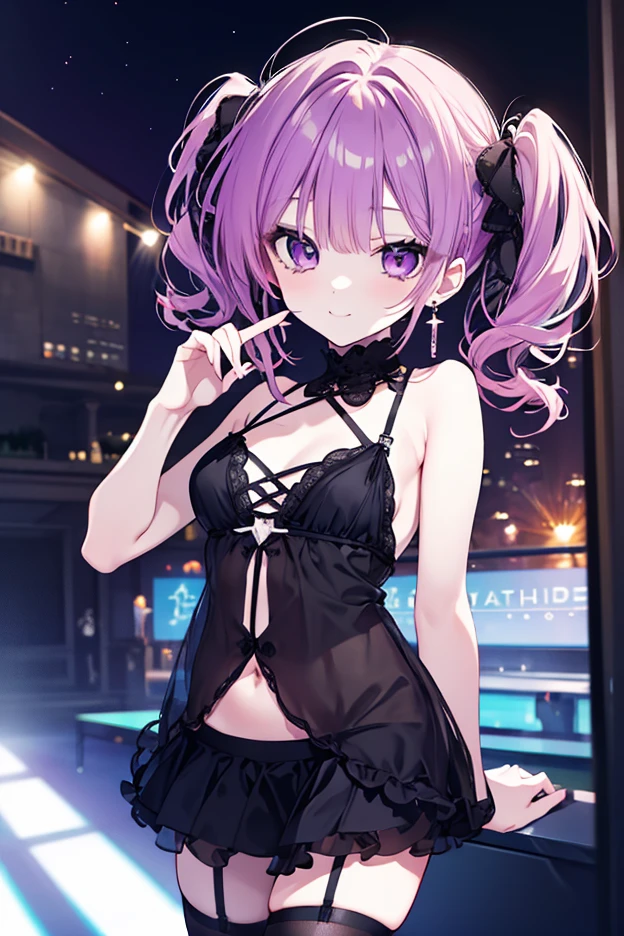 One personの女性, One person, (cute:1.5), (masterpiece:1.3), Anime Visual, (Black Bunny Girl Costume, Red High Heels,High Leg, Fishnet tights, Black rabbit ears, Front view, She holds the tray in front of her chest、:1.3 ), (Love love:1.5), (Tilt your head:1.3), Very delicate face, Soft Clean Focus, Realistic lighting and shading, (Very delicate and beautiful art:1.3), elegant, (Calm colors:1.1),(Girl with long purple hair, ponytail, Purple eyes, Diagonal bangs,:1.4),slim,Moulin Rouge in Paris, Mysterious pink light, A little dark room,View the viewer,smile,