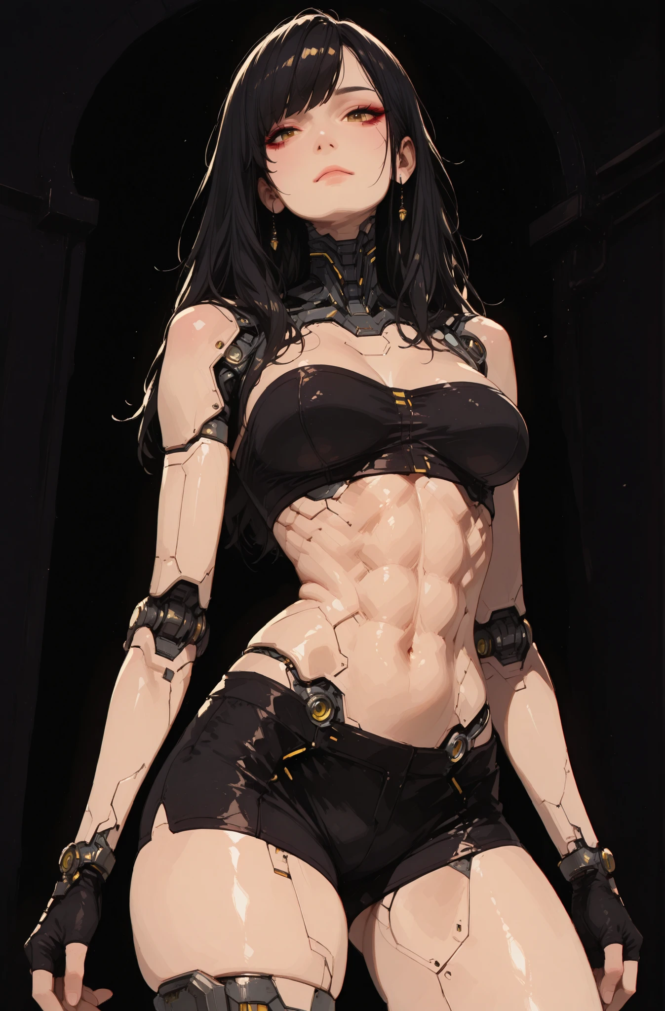 (masterpiece:1.35), (very aesthetic, best quality:1.3), highly detailed, dark environment, backlit, absurdres, no lineart, hyperdetailed realism, addmicrodetails, detailed shading, realistic textures, female focus, 3d anime style, dark background,
Indoors, chromatic aberration, sharp detail,
simple background, solo, metallic textures, plastic, glossy, android, cyberpunk, futuristic aesthetic, mechanical anatomy, roboti details, detailed mechanical joints, skin lines,
Adorable and attractive, female, long hair, shiny hair, black hair, shiny plastic skin, black earrings, curvy and petite, yellow iris, perfect breasts, very narrow waist, skindentations, hip_indentations, very small abs, slender, round hips, thick thighs, long swept bangs, disheveled hair,
Black trim, revealing outfit, fingerless gloves, black tube-top, black spandex shorts, impossible clothes, exposed midriff,
Standing, facing viewer, neutral expression, dynamic pose, expressionless, lips, eyelashes, eyebrows, eyeliner, looking at viewer,