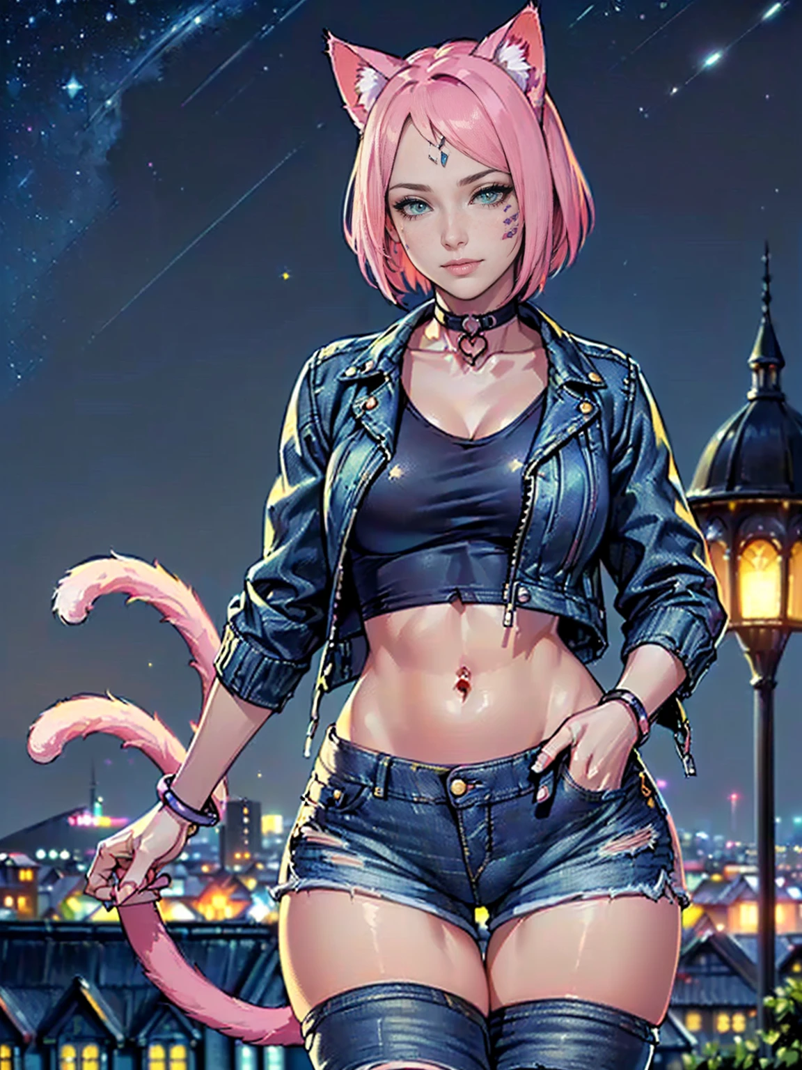 (1girl, solo, alone), (haruno sakura, short hair, ((small breasts, green eyes)), pink hair, forehead mark, bracelets), (( ((Extremely detailed, ambient soft lighting, 4k, perfect eyes, a perfect face, perfect lighting, a 1girl, animal ears, black thighs, (cat ears, cat's ear cat tail), closed mouth, collarbone, Covered, crop-top, facial mark, ((neck, jacket, mini short, short jeans, mini short jeans)), lips, looking to viewer, tail, Curvy hips, Lush, tights in a mesh)), standing on a tower, cityscape in the background with church, (starry night), crescent moon)),