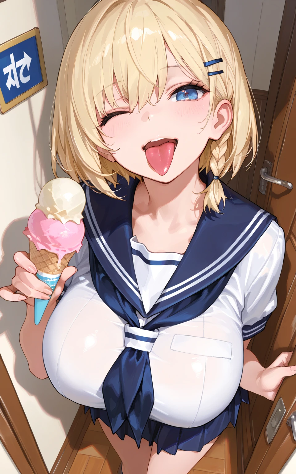 1girl, nsfw, pink eyes, blonde hair, bangs, short hair, messy hair, , large breasts, , , empty eyes , large breasts, nipple, , Peeing, lactation, projectile lactation, Sweets shop, frozen, wet, crying ,, Naked, , (1girl) ,solo