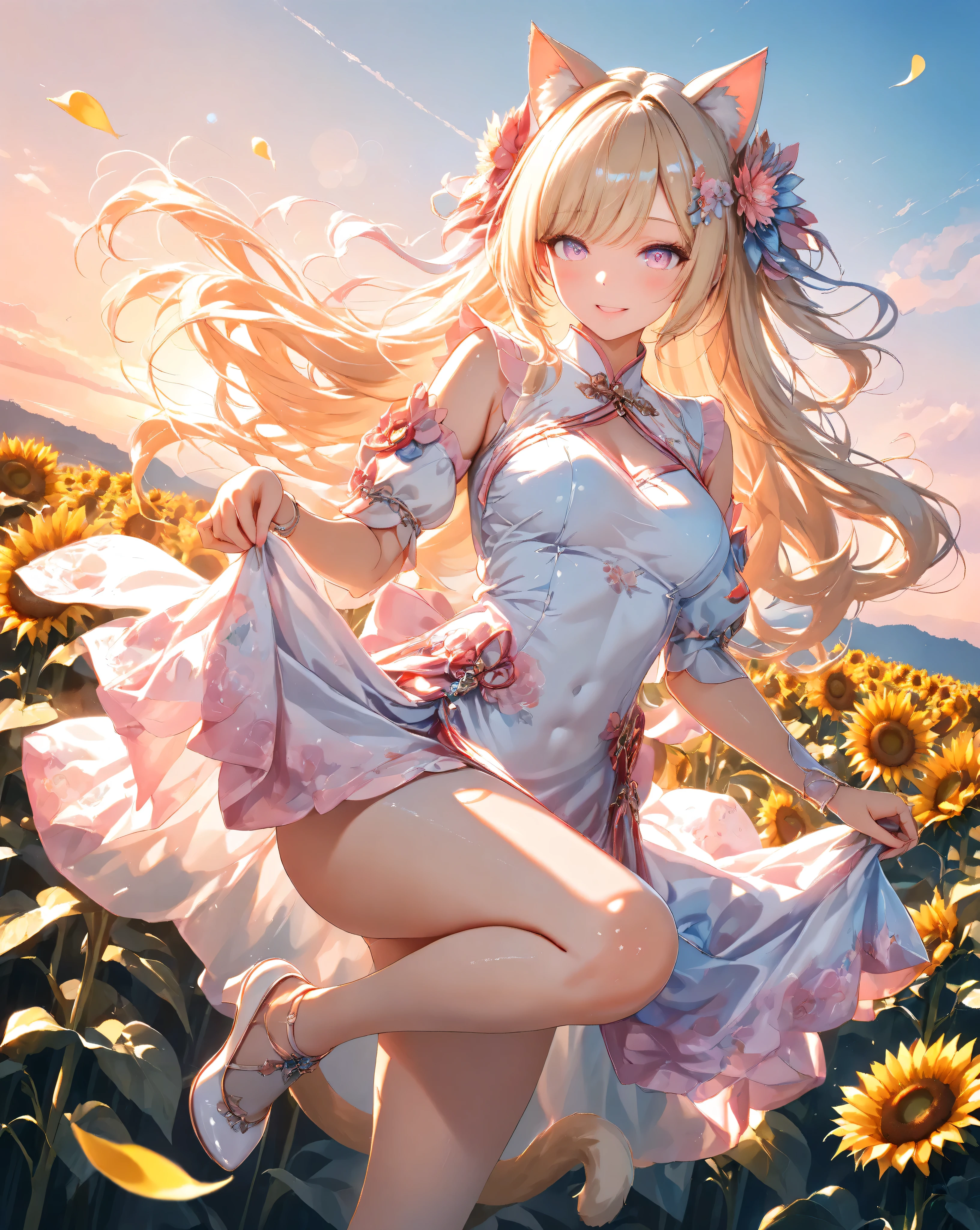 Quality:(Score_9), (masterpiece, detailed:1.2), (ultra-detailed), (ultra-quality), (super-resolution), (detailed-background)

Art Style:
(photorealistic):1.4, (2.5D):1.5, (golden hour lighting):1.6, (warm cinematic lighting):1.5, (volumetric light rays):1.4, ray tracing, depth of field, (vibrant sunset pastel palette):1.3, dramatic angle, (ethereal atmosphere):1.2, (dreamy aesthetic):1.1

Subject (Foreground): (Breathtaking 20-Year-Old Fairy Cat Woman):1.5, (happy-smile):1.4, Vivid eyes, delicate and moisturized lips, sharp facial contours, (smooth and Slender body lines):1.3, translucent and moisturized skin, graceful knee lines, natural and beautiful leg lines, delicate body contours,
(detailed-skin-texture):1.3,
(blonde hair with Soft Light):1.2, shimmering with digital light, meticulously detailed strands of hair, silky smooth texture, flowing like it flutters in the wind, natural shading and highlights,
(cat ears):1.2, delicate, translucent fairy cat ears with soft glowing edges,
(cat tail):1.2, elegant, ethereal cat tail, softly shimmering with starlight,
(qipao from which the cat tail emerges):1.2, 
(natural and graceful hand pose):1.3, hands based on realistic human body structure, transparent fingertips, clearly defined joints, detailed expression of the fingers,
(Sassy pose):1.3, 

Outfit:(Chiffon organza-sleeved qipao): 1.5 ,(Pastel lavender and pink gradient qipao): 1.7, (Qipao with deep slits on the legs):1.6, (Qipao with pastel floral): 1.6,(Pastel pink floral hair ornament):1.4,(Qipao shoes):1.2
Background:
(Sunset gradient sky:1.5), (warm orange to golden yellow gradient), (soft pastel colors),
(field of sunflowers in the foreground):1.4, (sunflowers facing the sunset), (detailed sunflower petals and stems),
(bokeh effect on sunflowers):1.3, (shallow depth of field),
(distant rolling hills):1.2, (softly blurred background),
(golden hour lighting):1.6, (warm and soft light), (lens flare),
(subtle rays of sunlight):1.1, (dust particles in the air)
