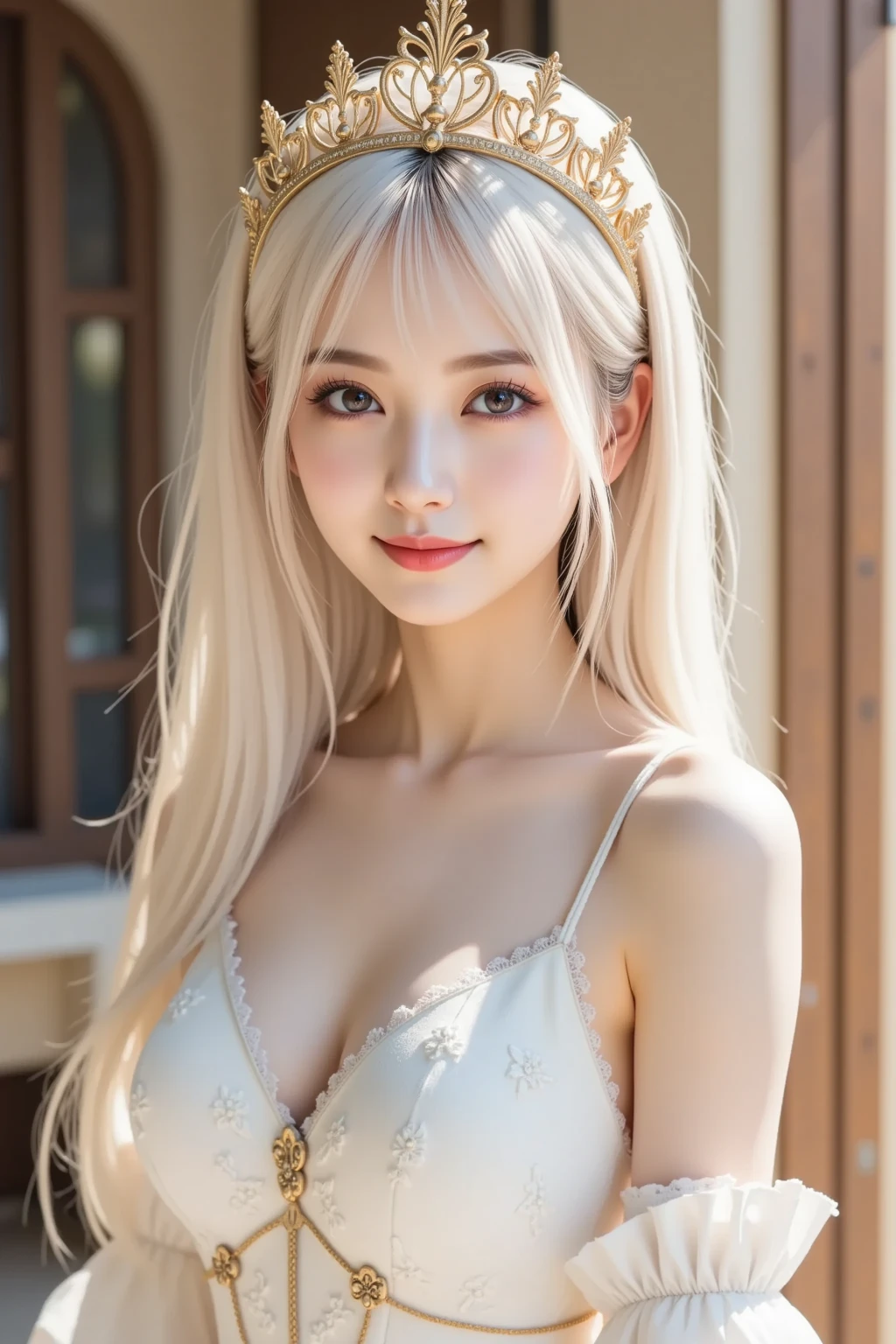 1 girl, ((Best Quality, 8K, Masterpiece:1.3)), Focus: 1.2, Perfect Body Beauty: 1.4, Buttocks: 1.2, (Gigantic Breasts: 1.4), (Gigantic hip: 1.8),(white bikini), Highly Detailed Face, perfect smile, Double Eyelids, White Skin, (((Long blonde Hair))), (Shut Up: 1.3), Smile,(upper body focus:1.2),