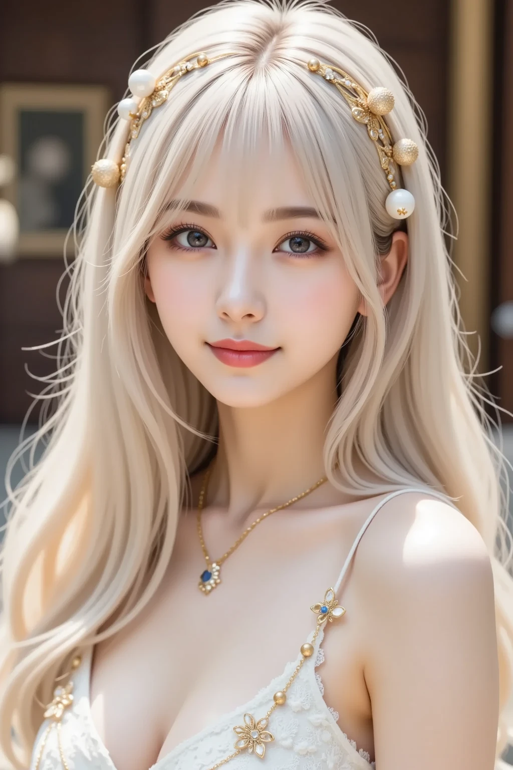 1024:Size of 1024,( Masterpiece, highest quality), 98k, ((Perfect Anatomy:1.2)),Beautiful Japanese Women, Succubus,(one person:1.3), 20-year-old, Small face,(Cute face:1.2),Smiling, Larger breasts, ,Beautiful and detailed eyes, Evenly spaced eyes 1.2, long platinum blonde hair,(Random Hairstyles), (Highly detailed face and skin texture), Beautiful face in golden proportions,White skin,(Oiran:1.2),Random sexy poses、Angle of view that shows waist、(Expose the valley:1.2)