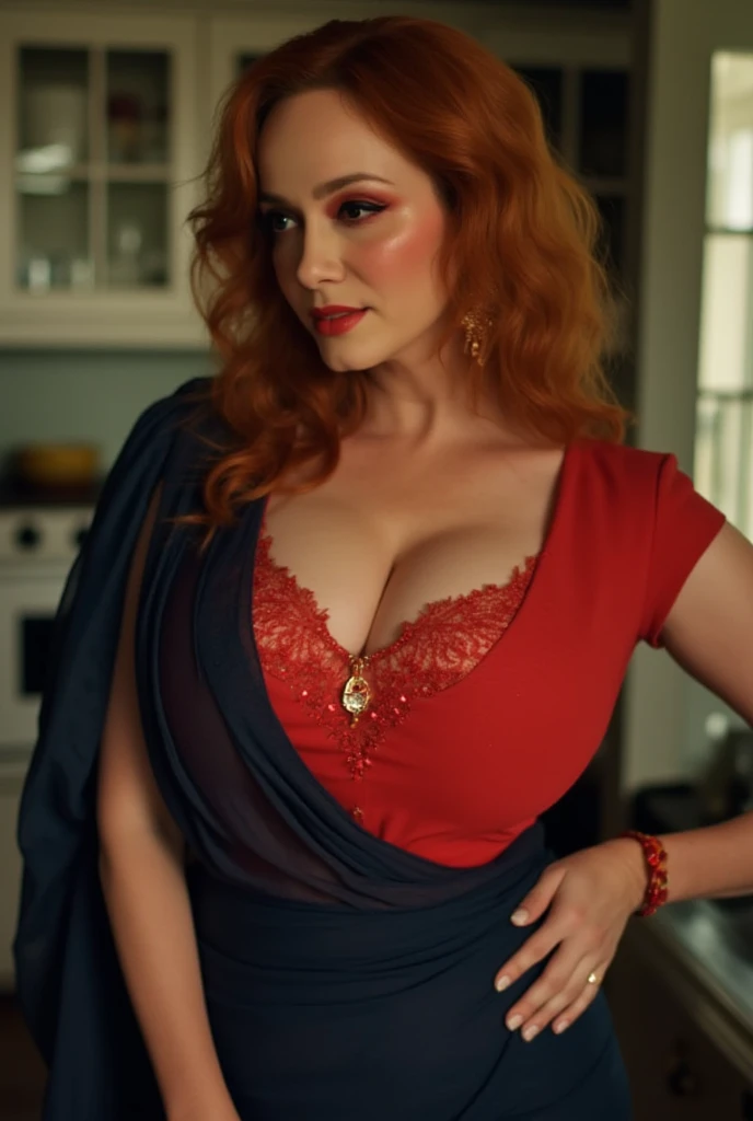 redhead Irish girl with freckles , nipple chains, big boobs, nice lips, harem pants, see through, lit by firelight, desert camp