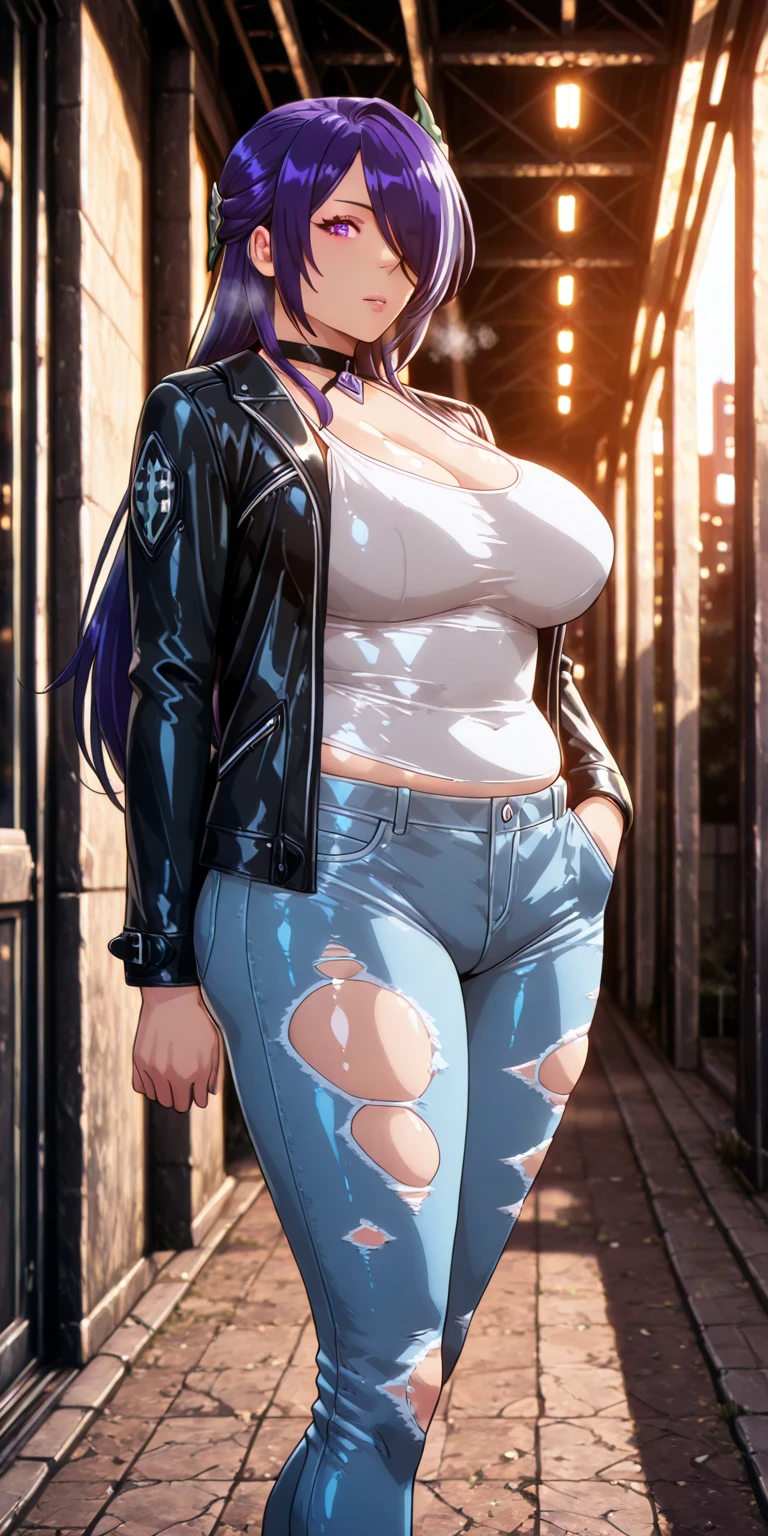 Babu-style, (Cirenk-style:1.2), (tanabe_(studio_tiamat)-style:1.2), ((anatomical correct)), ((Cinematic, unreal engine, eye-catching, ambient occlusion, UHD, masterpiece)), ((perfect lighting, soft shadow)), perfect body, perfect eyes, perfect fingers, gasping, heavy breathing, gasping profusely, ((skindentation)), ((curvy)), acherondef, purple eyes, purple hair, long hair, hair over one eye, hair ornament, large breasts, bright pupils, plump, torn_clothes, torn_pants, torn_jeans, pants, denim, jeans, 1girl, jacket, blurry, hand in pocket, black_jacket, torn_shirt, solo, torn_legwear, standing, depth_of_field, tank_top, blurry_background, looking_at_viewer, outdoors, city