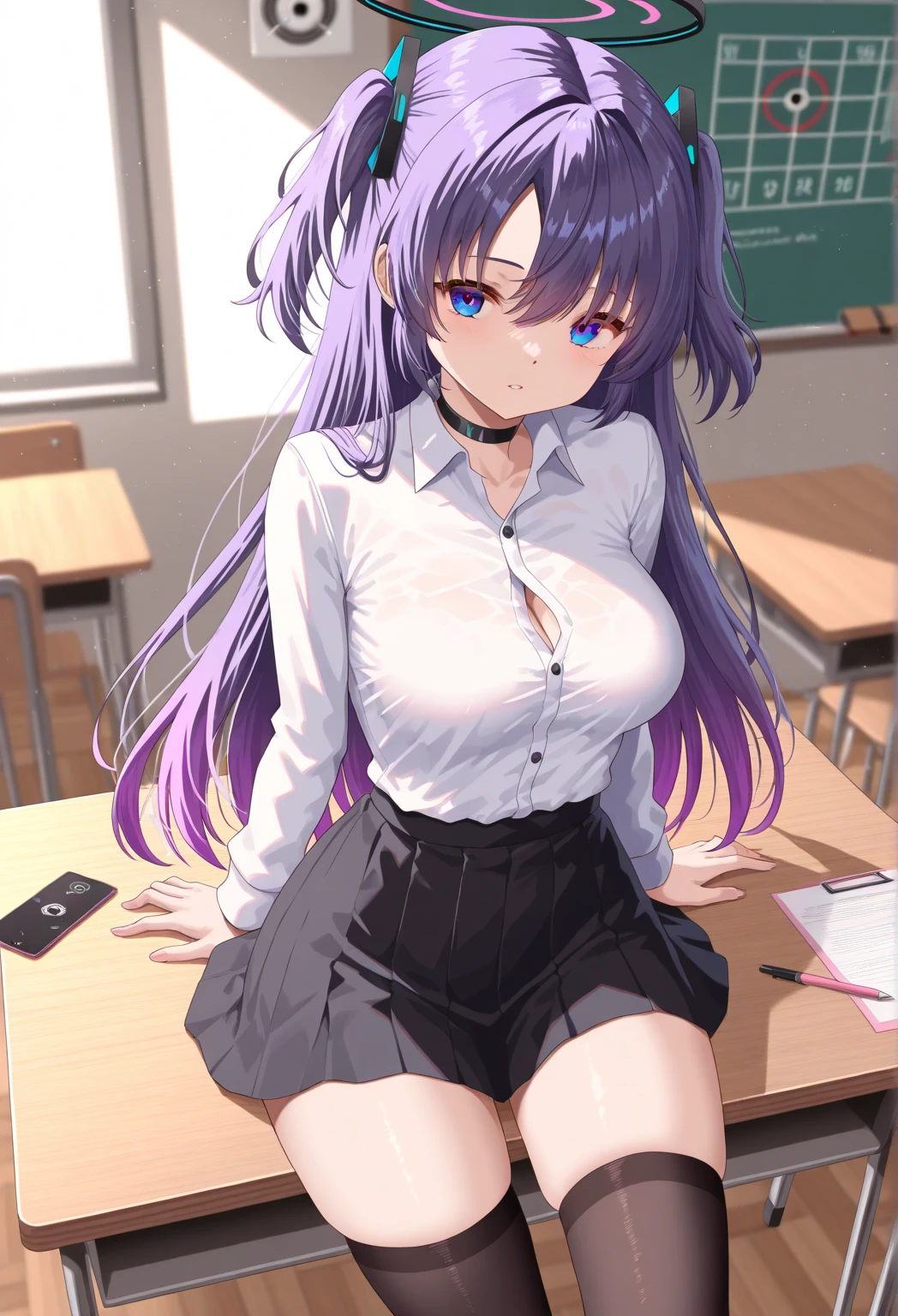 score_9,score_8_up,score_7_up,1girl,Anime girl, sitting at the desk,Long hair,Violet hair, Light violet bangs,Left red eye, Right Violet eye, Annyoned,Solo, Sweating, ,Gray skirt,Black stockings, looking at viewer, School Room, annyoned, Blushing hard,Tall, curvy 