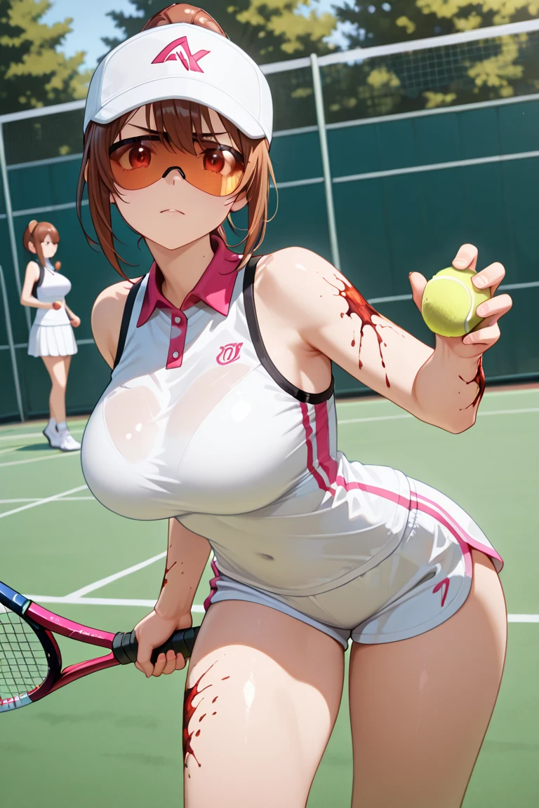 tennis girl's massive nipples out of topless vest out bare and wet pants spreading her legs, gloved hands hidden behind head, blindfold

