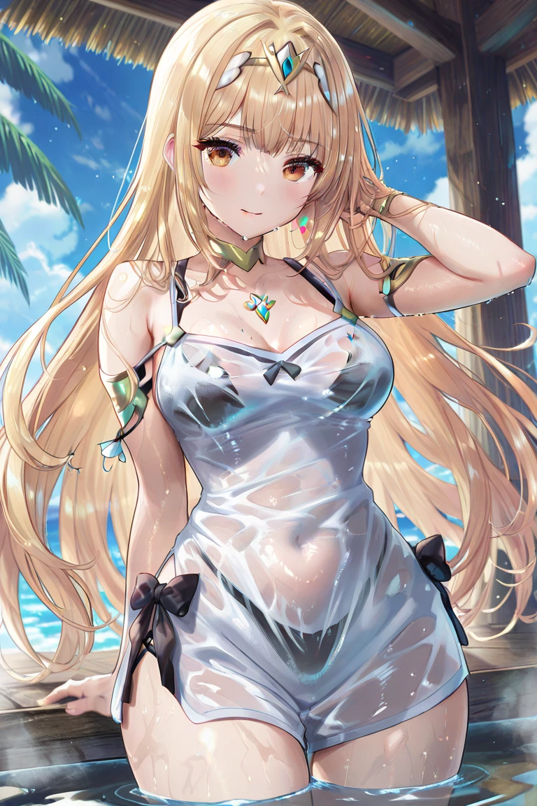 (masterpiece, best quality, very aesthetic, absurdres, :1.2), (1girl, blonde long hair:1.3), kawaii, blushing, crying with defloration, (sad despair smile:1.0), lost_virgin blood from pussy, (defloration blood:1.3), A beautiful woman wearing a thin baby doll stands in the sunlight on a beautiful beach with blue sea and white sand. Her baby doll has an elegant and sexy design, beautifully highlighting her ample H-cup breasts and narrow waist. The delicate lace and chiffon of the baby doll sway in the wind, gracefully covering her white skin. Her face is very beautiful, her blonde hair shines in the sunlight, and her blue eyes blend in with the blue sky. Her expression is calm and confident, and her smile softens the atmosphere around her. Her skin is very white, soft and smooth, and shines in the bright sunlight. The beach is decorated with parasols and deck chairs, creating a relaxing atmosphere. She stands on the sand, posing with her legs slightly spread, enjoying the beauty of nature. The gentle sound of the waves lapping on the shore can be heard, and in the background, lush palm trees sway and the emerald green sea spreads out.