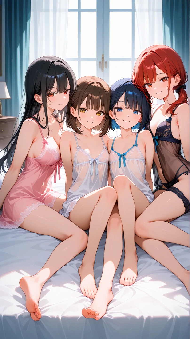 (masterpiece:1.2, best quality), age difference, 3girls, 19yo, , 18yo, , , (small breast:1.5), green eyes, (white transparent nightgown:), (black transparent nightgown:), (red transparent nightgown:1.4) ), (topless:1.2), naked breast, nipple, lying on a bed in a pink colored bedroom:1.3, blush, smile, shy, sun rays, anime minimalist, watercolor