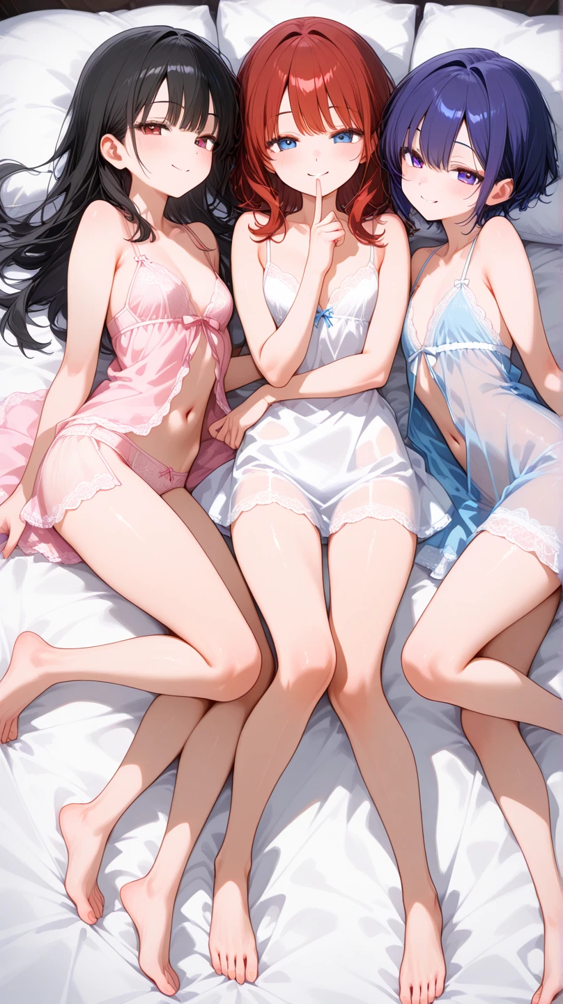 Multiple beauties touching each other, (Transparent shirt: 1.2), (Open shirt), Light clothes, Sleeveless, Two women posing for a photo on bed, Surreal full-body figure, Beautiful and detailed body and face, gorgeous figure, pony tails, Clear, Smile, Moaning, Tease, Surreal full body body, Beautiful and detailed body and face, Extra-long viewing angle, Fair skin, Bright colors, Asian, There is almost nothing in the clothes, Blurry, Chinese clothing underwear