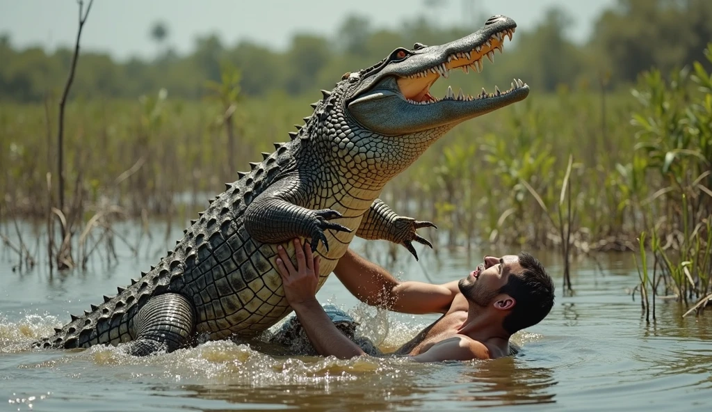 There was a man with a spear wearing red pants holding a spear fighting a very large giant crocodile in the water......., Stunning action photography, crocodile god lair, Crocodile Loki, Creative Image Management, Photo management, crocodile. shaman., by Rudy Siswanto, by Aleksander Gierymski, As a reptile warrior, Atlantic Ocean., Photoshop Water Management, By Ignacio Zuloaga, Amazing shots.......