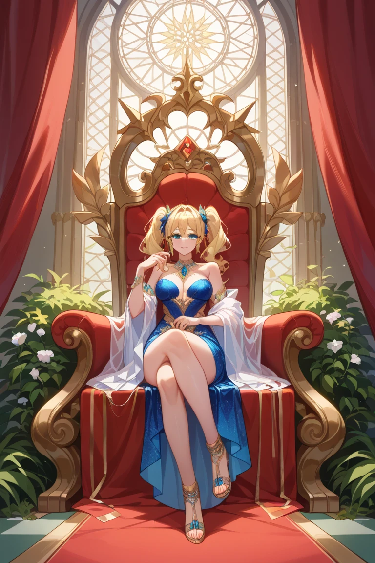 Your influencer character(milf with blond hair) Dressed like a queen. smiling sitting on the throne. Detailed anime style with vibrant colors and dynamic perspective.