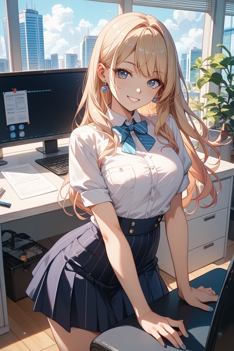 1girl, blonde hair, huge breasts, office, (office skirt, shirt, evil smile, (hourglass figure), black tights