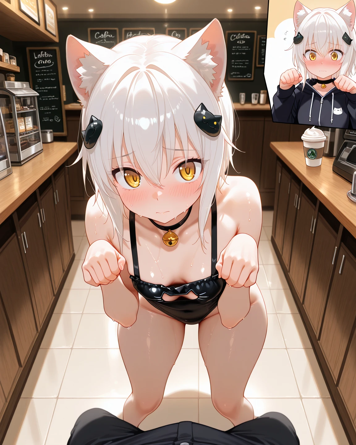Silver Hair、ponytail、cute、Brown skin、naked、Open pussy、Leg spread、Tied up with rope、20-year-old、Sticking out tongue、I feel、Cheeky look、Wolf ears、tail、Toilet cubicle、Semen dripping from pussy、The girl has a tail growing out