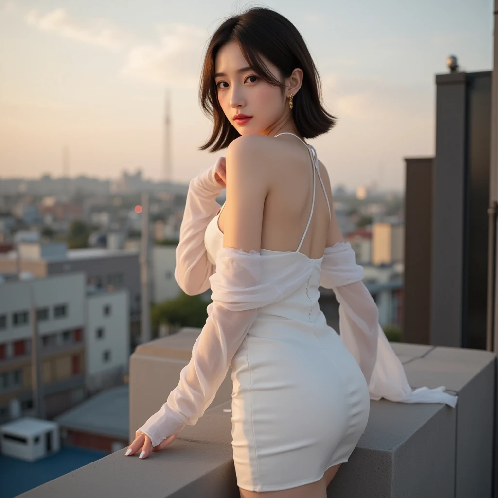 realisticlying, Hyper-detailing, Girls Only, (shoulder length straight Layered Bob:1.3), 动态照明, ((sexyposture)), (Glow skin: 1.5), tmasterpiece, top-quality, absurderes, watch audience, (Blonde and pink hair), Deep purple Clear starry sky eyes,((big breasts beautiful,A detailed eye,gem-like eyes,Colorful eyes,sparkle eyes:1.3)), slenderness, A high resolution, tack sharp focus, depth of fields, detailedeyes, sharp sharp eyes, (photorealistic eye)), exteriors, sunrise sky, (Glamorous and sophisticated design riverside lace dress,(White intricate pattern top and skirt):1.3))