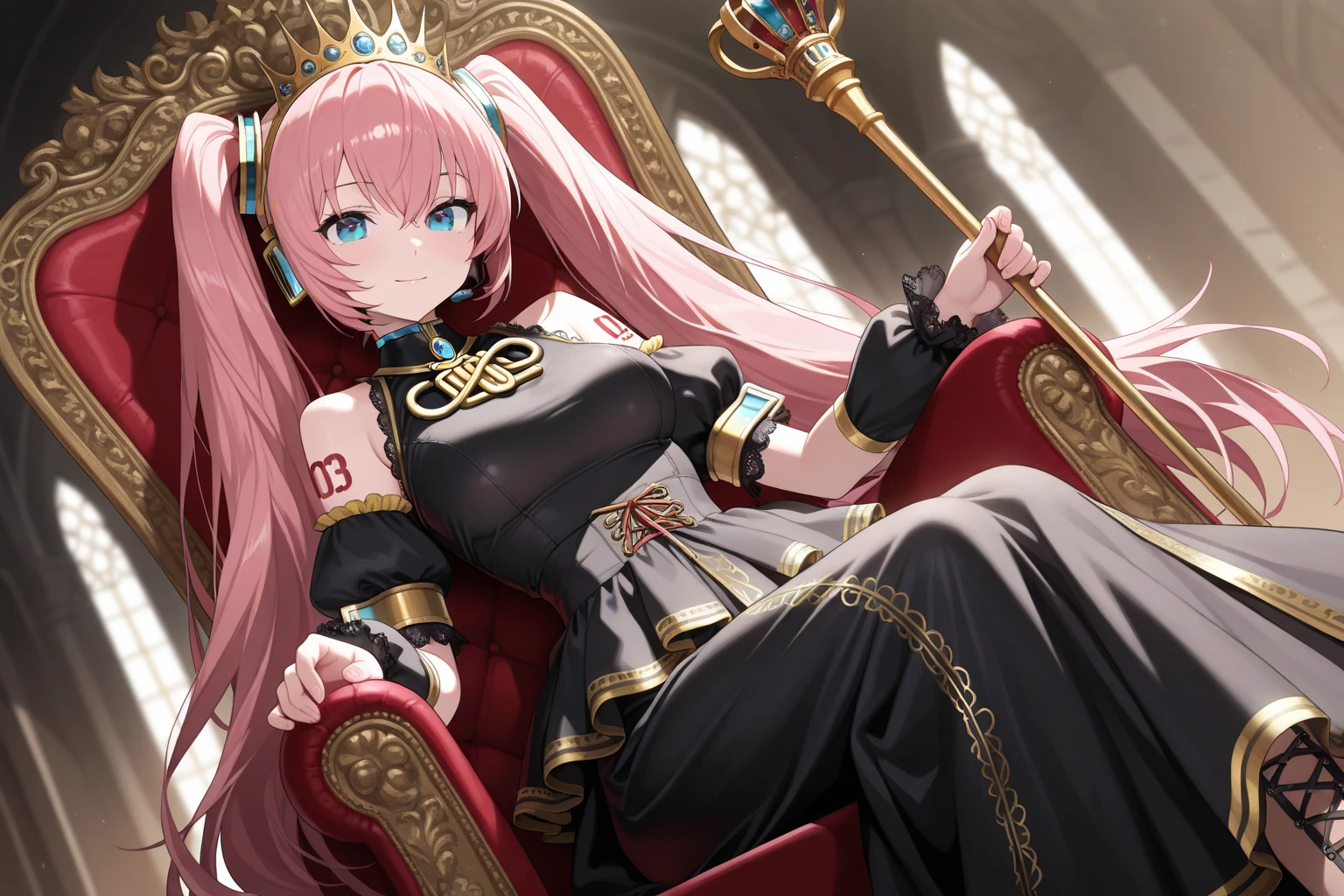 1 confident woman with floor-length pink hair, huge and big breasts, Futuristic royal costume in white with black and gold details, tall woman, blue detailed eyes, sitting on the throne of skulls , judgmental look, golden metal skulls, sovereign pose, cyberpunk queen, pink royal tattoo