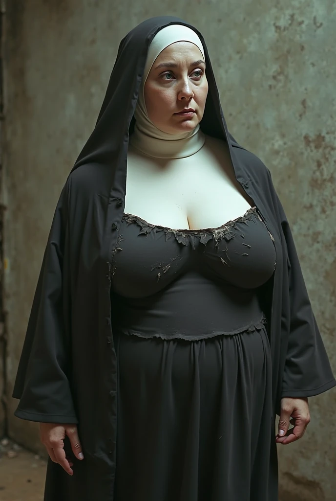 mature nun, 1girl, white bobcut hair, dark red eyes, latex bodycon dress, in dark church, circled by priests, cross necklace, seductive expression, enormous breasts, detailed makeup, red lipstick, (best quality,4k,8k,highres,masterpiece:1.2),ultra-detailed,(realistic,photorealistic,photo-realistic:1.37),dark moody lighting, dramatic shadows, cinematic composition, chiaroscuro lighting, oil painting style, muted color palette, dramatic lighting, cum on cloth, covered in cum, cum on face