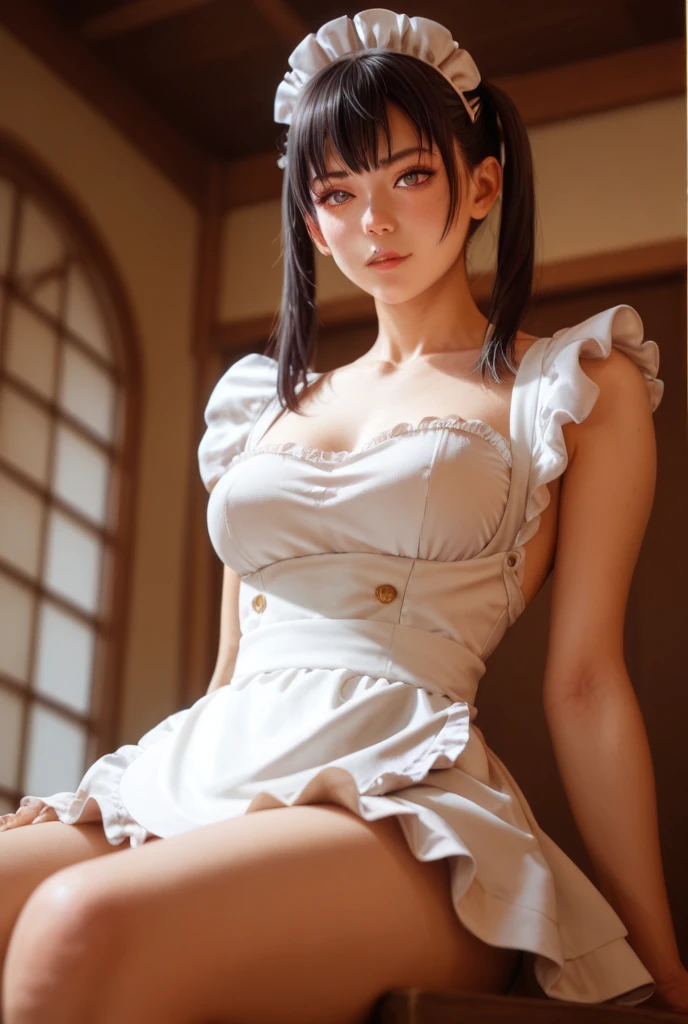​masterpiece, top-quality, the Extremely Detailed CG Unity 8K Wallpapers, Ultra-realistic 8kCG, perfect artwork, The perfect female figure, Dramatic shadows, (Perfect ligthing, Detailed light, (((1girl))), ((black hair, french braid hairstyle)), Model body type, large full breasts, huge breasts, ((cute face)), black eyes, (looking at viewer), (beautiful eyelashes), horny face, blushing, embarrased, Beautiful face, (beautiful chest line:1.2), (cleavage), beautiful a girl, Exquisite facial features depicting the perfect face, blushing, Naturally beautiful, sexy, erotic, curvy body, Light and beautiful thigh, (maid, maid uniform), white lace bra, garter belts, stockings, bedroom, detailed, realistic light and shadow, 8K resolution, (glistning skin:0.9), perfect hand, full body camera shot, full body