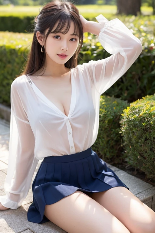 a woman poses for a photo, shy smile, happy, long hair, straight hair, thin skin, beautiful hands, beautiful fingers, pleated skirt, hips, absolute area, golf courses, During the day, hot summer day, school, schoolyard, sitting on a bench, daylight, detailed face:1.2, sharp focus, Hasselblad Photography, masterpiece, light makeup, Cinematic lighting, 4K, top quality, Sharpness, whole body, Canned juice, Legs up, (sheer unbuttoned blouse:1.6), legs spread