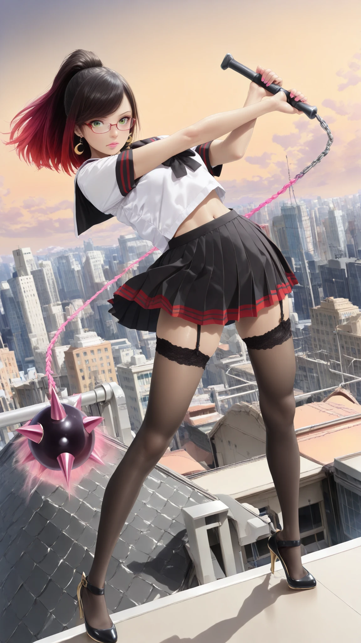 ((medium breast, tomboy girl, small head)), daylight, sunlight, (perfect body: 1.1), (young), (short wavy hair: 1.2) , choker, full body shot, crowded street, ((miniskirt)), (extremely detailed CG 8k wallpaper), (an extremely delicate and beautiful), (masterpiece), (best quality:1.0), (ultra highres:1.0), beautiful lighting, stiff nipple, perfect lightning, pulling skirt, realistic shadows, [highres], detailed skin, ultra-detailed, spread thigh, one leg up, squatting on the floor, black thigh high, red high heels, large earring, thighs, (((colorful))), (micro bikini), angle from below, mesh skirt