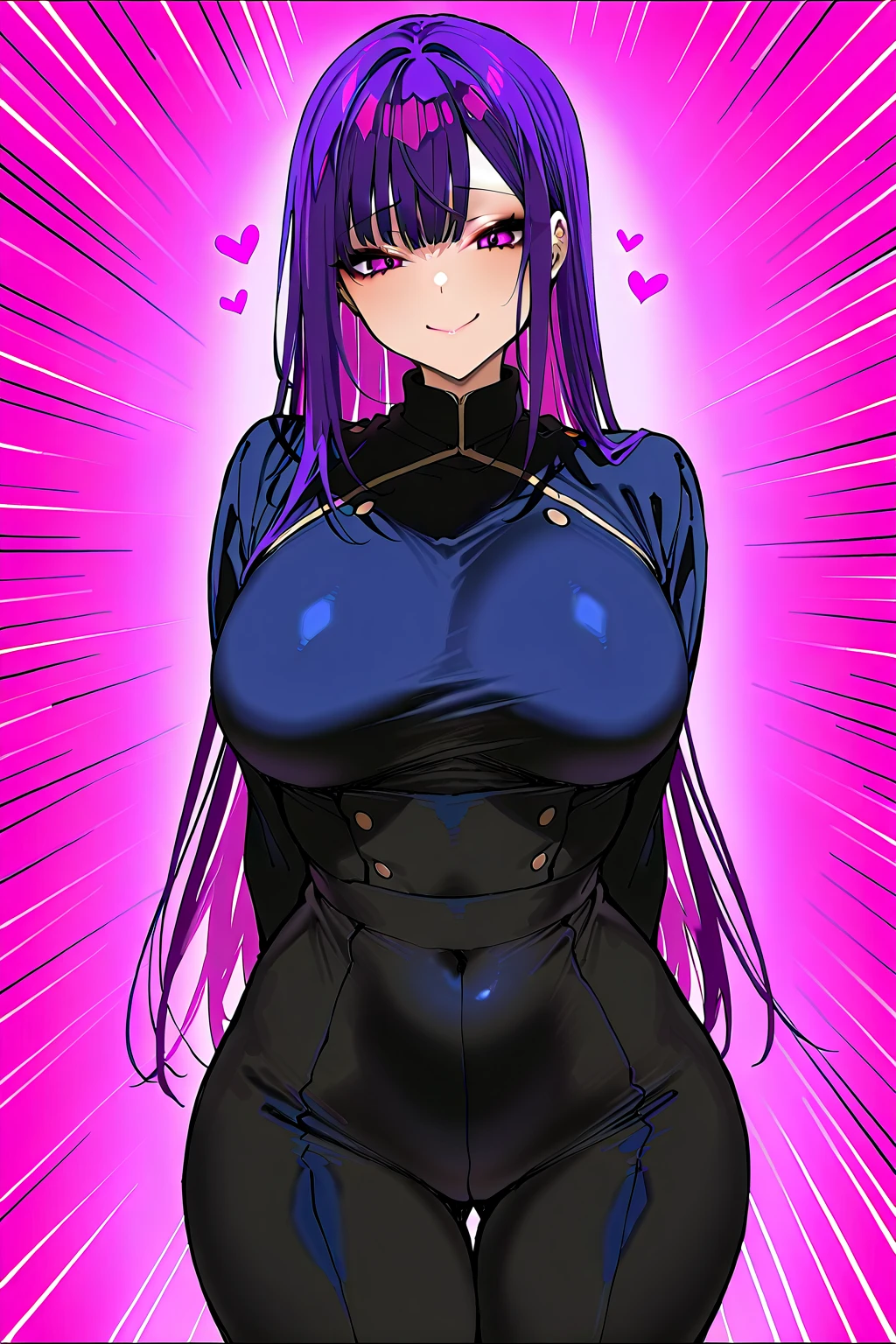 Akeno Himejima,purple hair tied in a ponytail,with big breasts,firm mules with a black skirt and a striking neckline,eyes color of the same hair smiling bold .