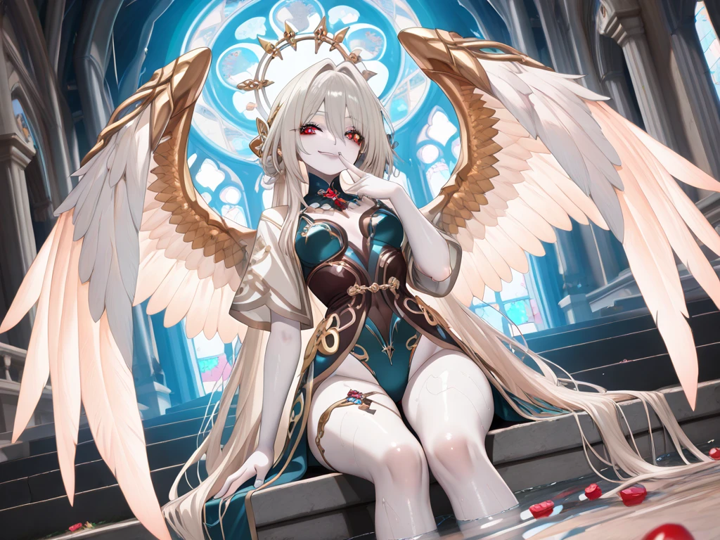 Archangel with six wings and a female figure that has short white hair above her ears, she has a pair of small wings that come out of the sides of her head and cover her golden eyes acting as a blindfold, behind her head she has a golden halo as a crown and she wears white clothes with golden decorations in the shape of laurels, she is sitting on a red throne.