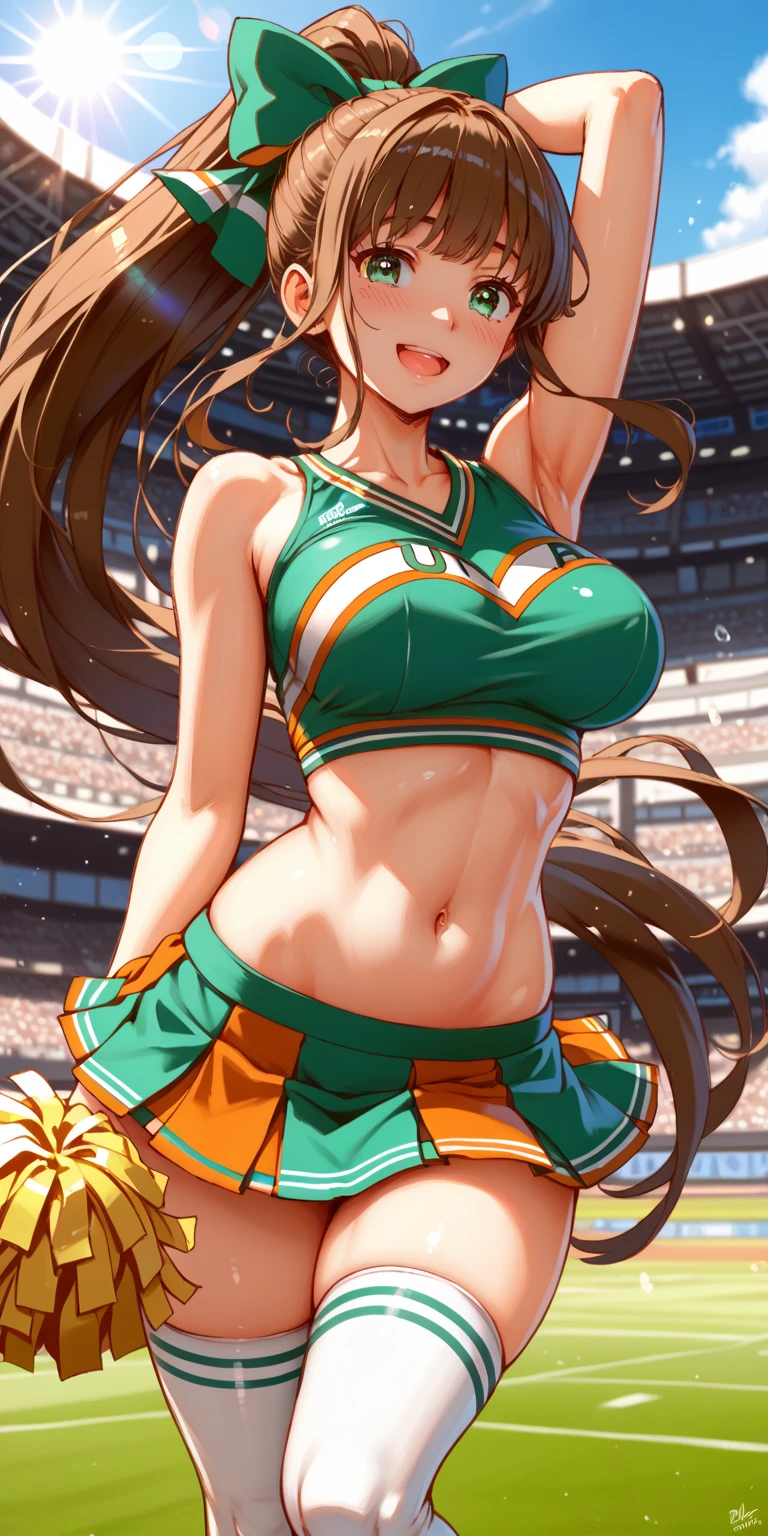 maximum quality, intrincate details, female Izuku Midoriya, long hair reaching the middle of her back, big breasts, big hips, provocative pose, sexual body, mischievous smile, light blush, stadium in the background, U.A. Cheeruniform, orange top, orange skirt, precise hands, cleavage, breasts showing under top