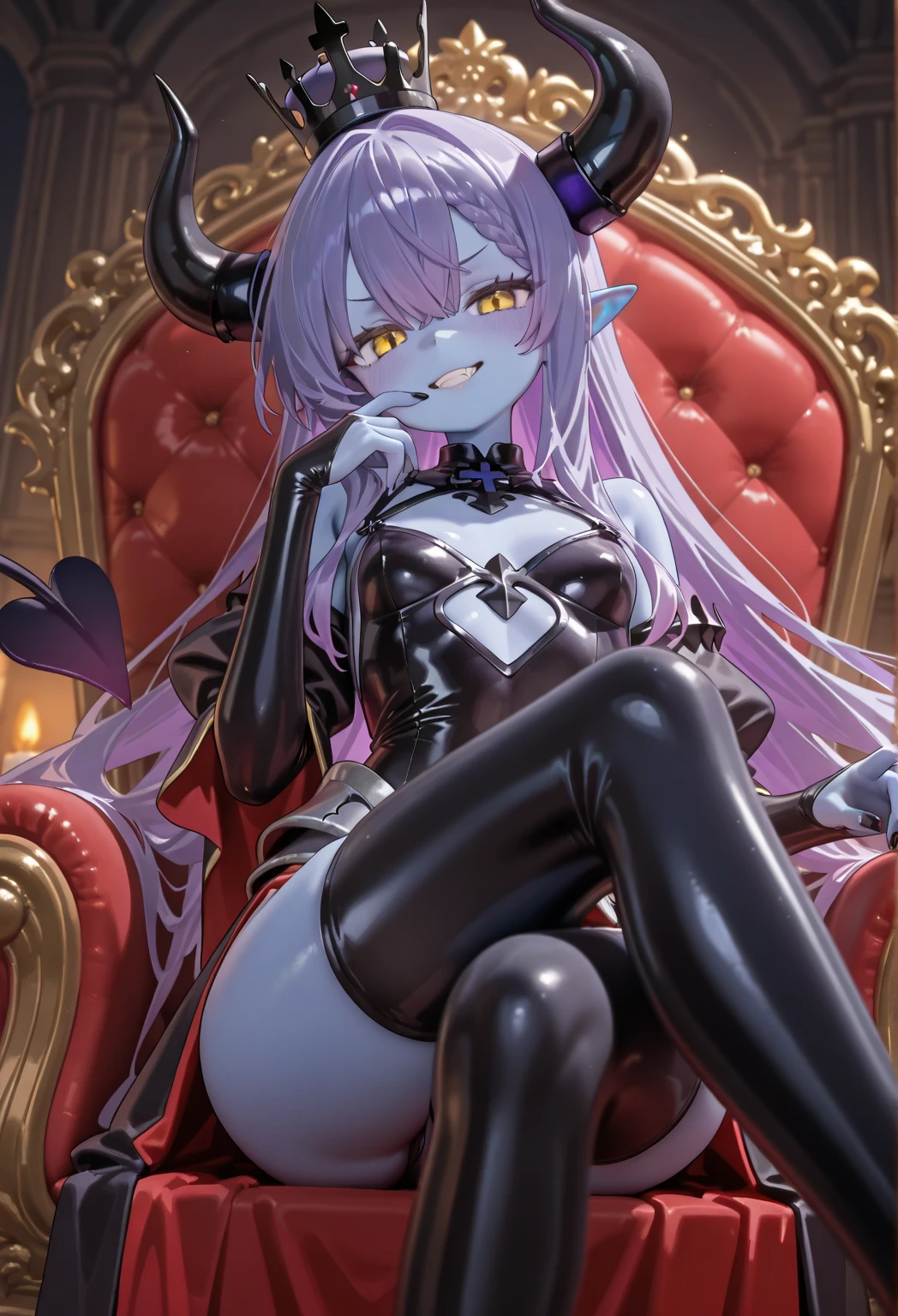 a close up of a woman sitting on a throne with a demon on her shoulder, beautiful succubus, succubus | medieval, beautiful elegant demon queen, queen of the underworld, dark fantasy style art, succubus, lilith, epic fantasy art style, fantasy art style, demon anime girl, queen of hell, anime fantasy illustration, anime fantasy artwork, purple hair