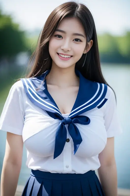 (One Girl), Very cute face, Great face and eyes, (Highly detailed eyes, Highly detailed face), Fresh, Very beautiful appearance, (Super realistic, High resolution), (highest quality:1.4), RAW Photos, (Realistic, Photorealistic:1.37), Professional photography , (see-through sailor suit:1.1) , (Cleavage:1.2) , Smile a little, (Look at me) , Portrait of a Girl , (Huge breasts:1.3) , (15 years old) , (long hair) , (Nipples can be seen through the sailor suit:1.3) , (pussy juice:1.3) , (tilt your head slightly) , perfect nipples , ((nipples are pink)) , ((pink areola)) , (arms behind head:1.3) , (the man lick her nipple:1.4) , (upper body) , (bare breasts) , (young face:1.4)