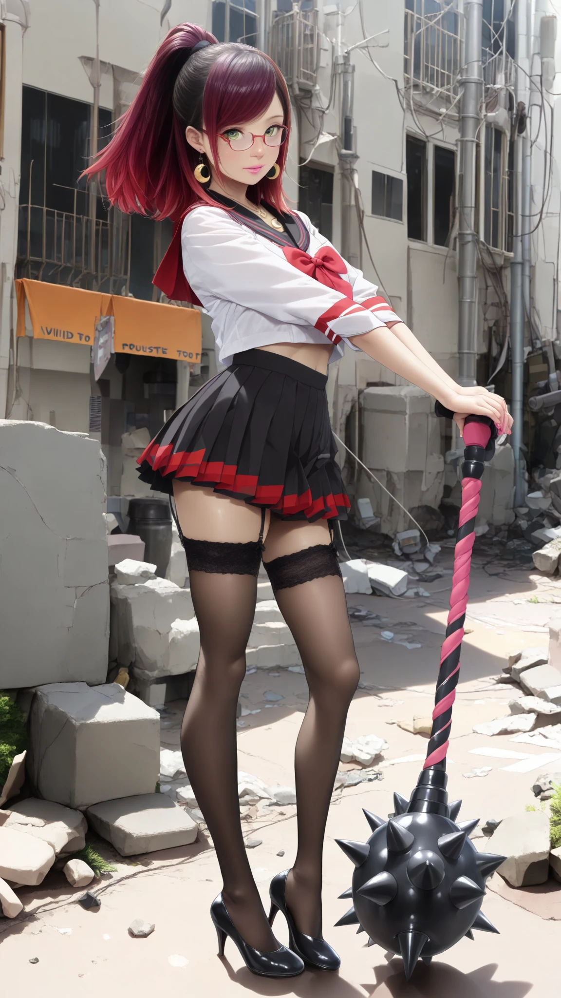 ultra-detailed,highly detailed,best quality,masterpiece,illustration,
The image features an anime-style character with long, dark hair and heterochromatic eyes—one red and one yellow. The character is wearing a white sports shirt with red accents and a matching red skirt. The setting appears to be a locker room or a sports equipment room, as there are clothes and uniforms hanging in the background. The character's pose, with hands on hips and a slightly tilted head, suggests confidence or curiosity. The lighting is soft, casting gentle shadows and giving the scene a somewhat realistic touch despite its animated nature.