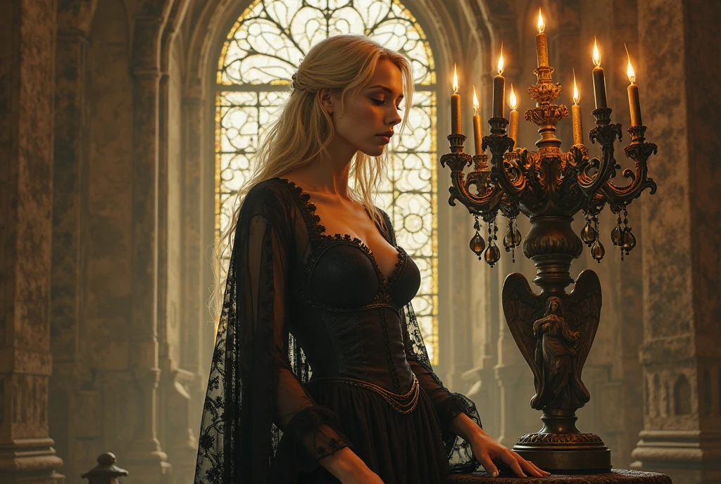 1girl, black dress, holding wineglass, sitting on a royla throne, throneroom, blonde hair, long hair, dusk, midnight, moonlight reflection, from below, air of superiority