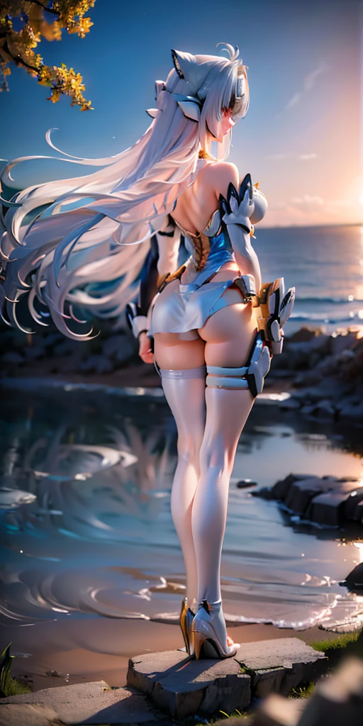 White long-haired girl one-piece swimsuit armor iron boots light wings spear white clouds