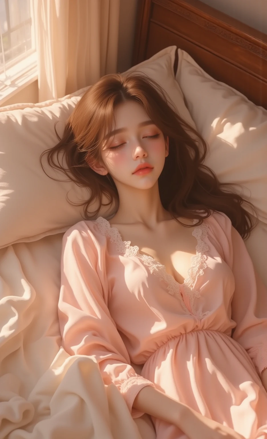 Sleeping girl,22 year old,realisticlying,don't have clothes,brown hair。seductiv,The shirtless one had no clothes on,nakeness,perfect bodies