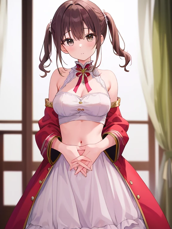 masterpiece,highest quality,High resolution,Very detailed,yes,Long Hair,Braiding,Twin tails,Hair between the eyes,Hair Ribbon,hair ornaments,Big Breasts,(Yellow off-the-shoulder pajamas with white sleeves:1.2),bed,A blushing, shy smile,Pink Pants,No pants,Sweat,Wet,Red Eyes.Side view,Look back