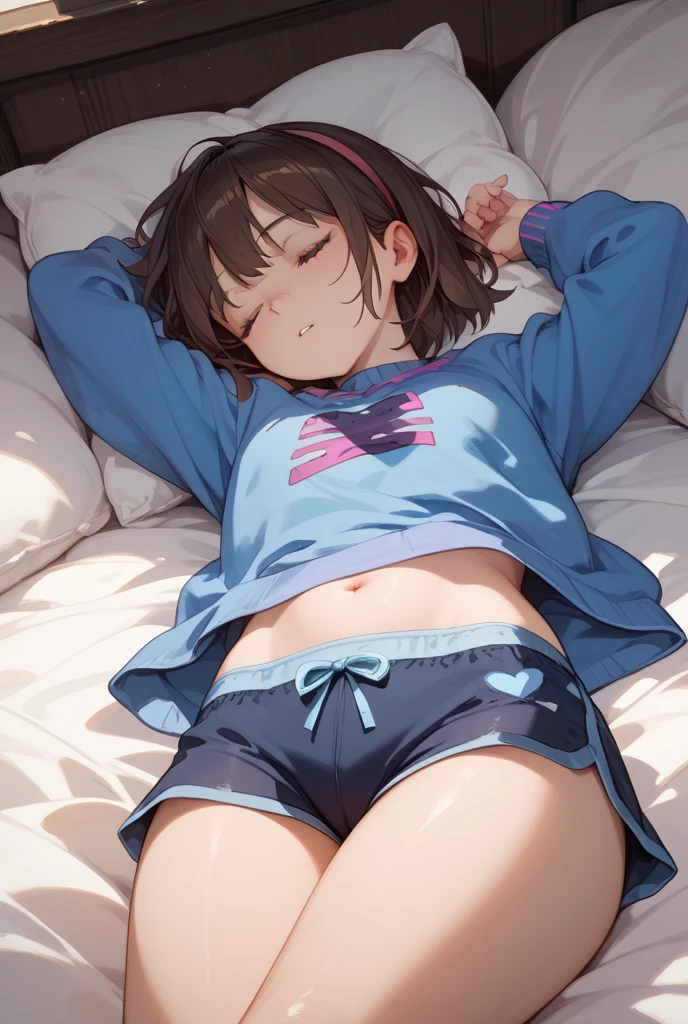 master piece、Highest image quality、highest quality、wallpaper、32K、,Little Face Girl、((Frustrated expression:1.3))、(Watery eye)、(((cute underwear)))、Lying on your back in bed、forced to spread legs、ample breasts、slender body shape、In underwear