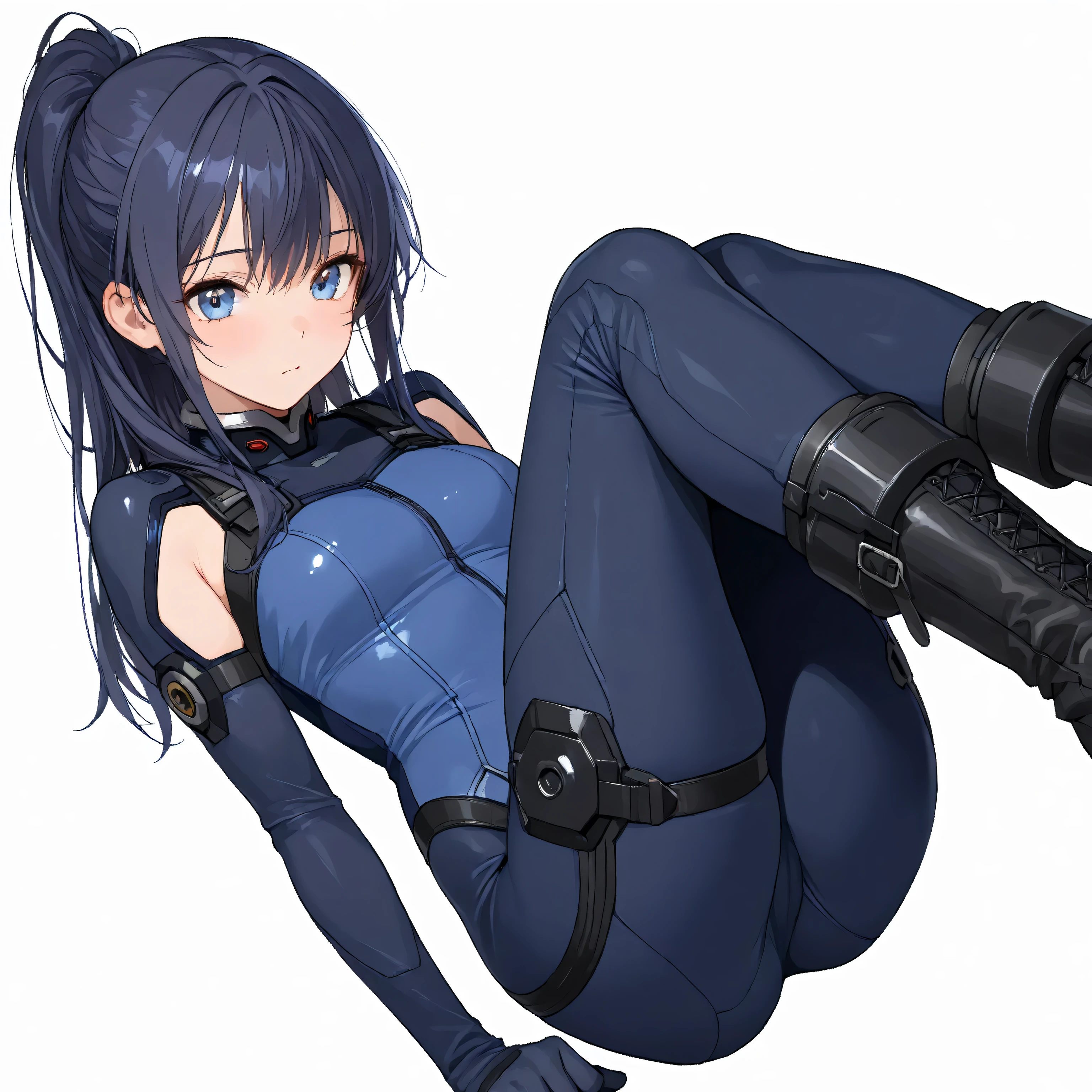 hick hips, thick thighs, barefoot, high cut leotard, huge breast, thin waist, pigtails hair, tanned skin, angry look, scream, thick body, tight stockings, cyberpunk, spread legs, lying down, arms tied behind her back,