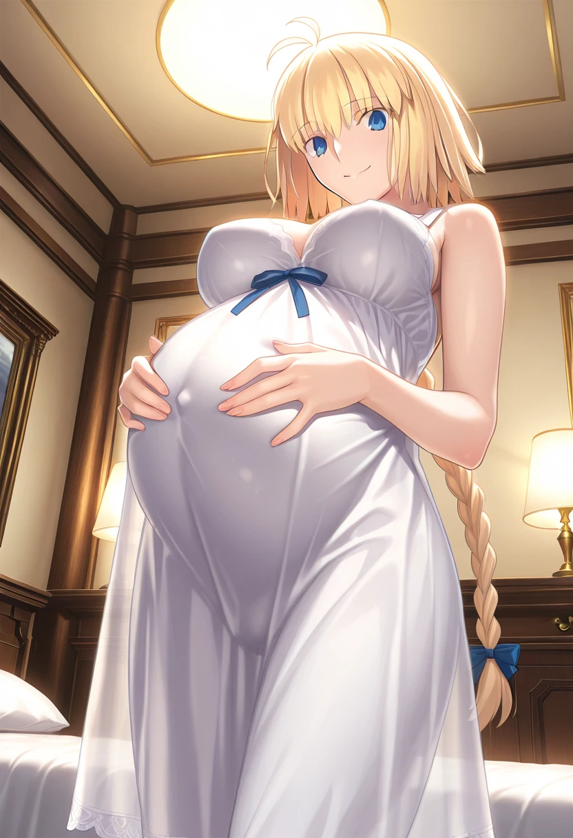 Beautiful pregnant girl big belly large breasts blonde brown hair japanese long white lace dress full body background a very beautiful room