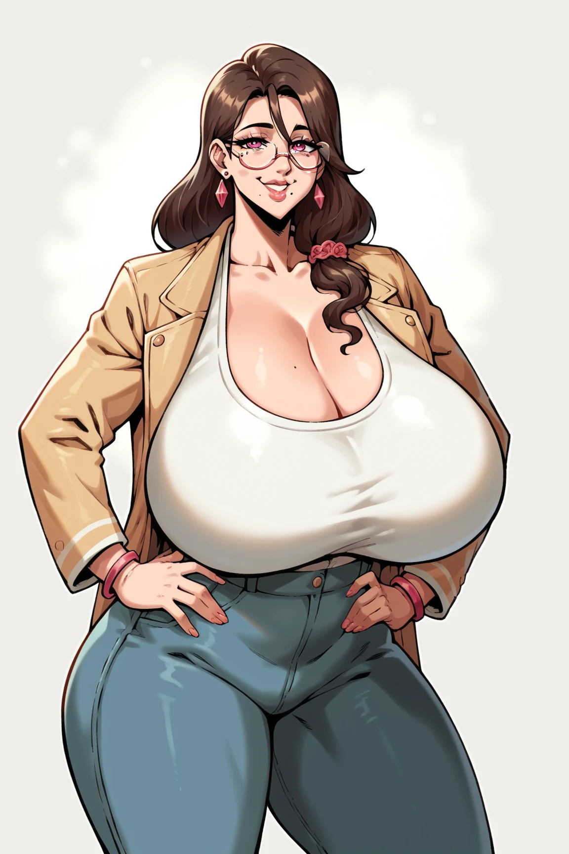 (masterpiece), best quality, expressive eyes, perfect face(masterpiece), best quality, expressive eyes, perfect face, a woman, 25 age, 80s style, short black hair, bronze skin, large breasts, big , brown leather jacket, amber eyes, aviator glasses, revealing bottom , shirtless, under , pink nipples, pantyhose