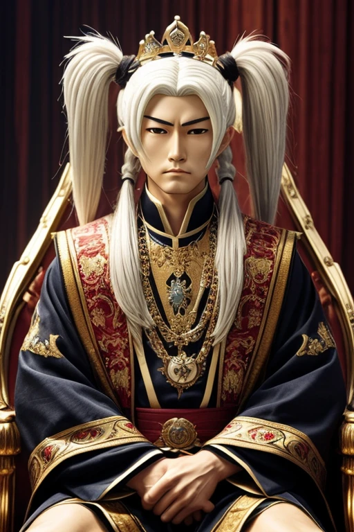 (high quality, best quality, highres, absurdres, sharp focus, masterpiece:1.2), extremely detailed, intricate detaill, immaculate, (industrial china, chinese:1), (adult boy, 1boy, solo, kubrick_stare:1.1), (ruler, wearing majestic attire:1.1), (pink_eyes:1), (silver_hair, very_long_hair, ponytail:1), (plump body:1), (jungle:1.1),